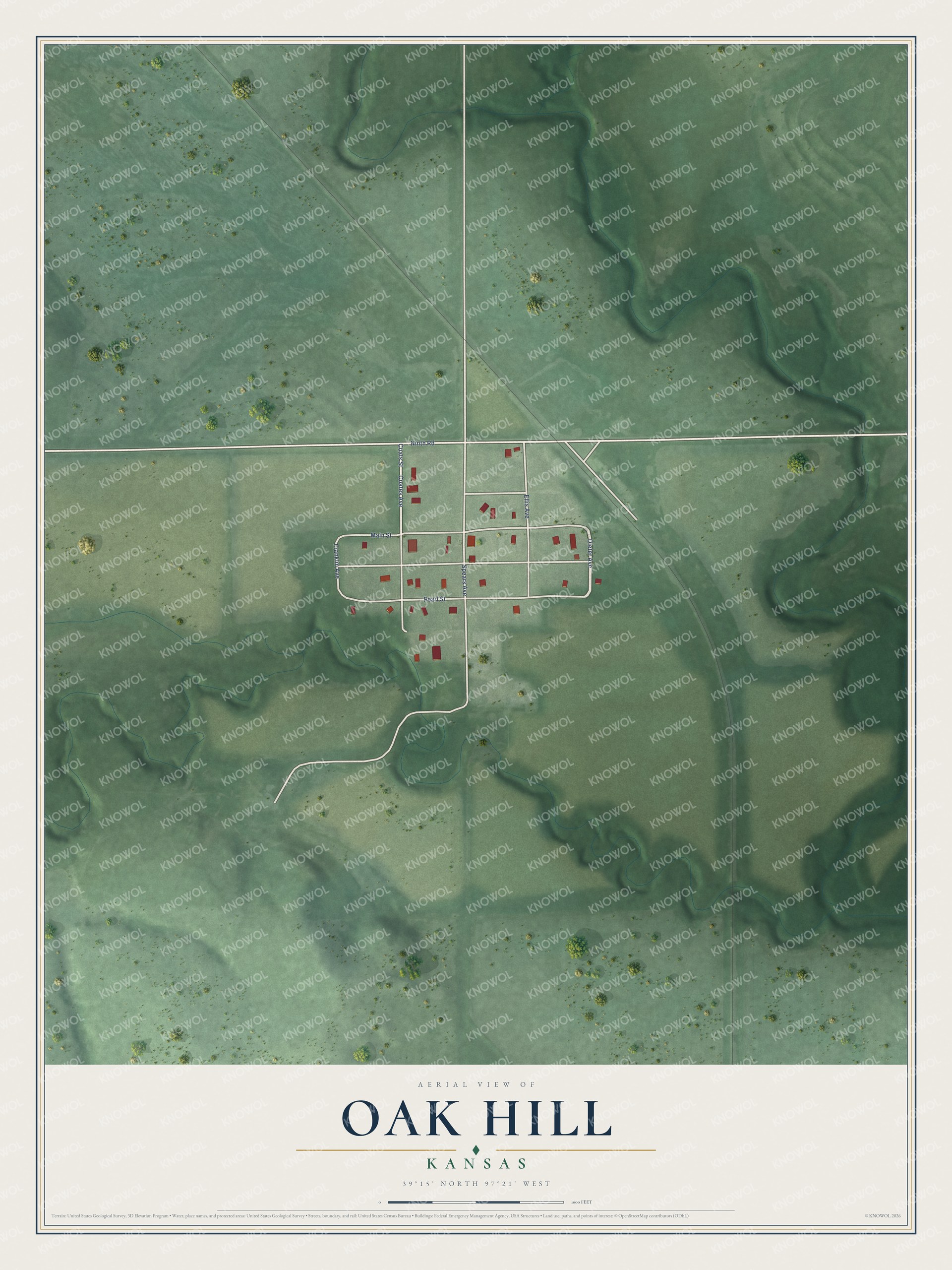 Full map of Oak Hill, Kansas, with red buildings, printed street names and the land around them