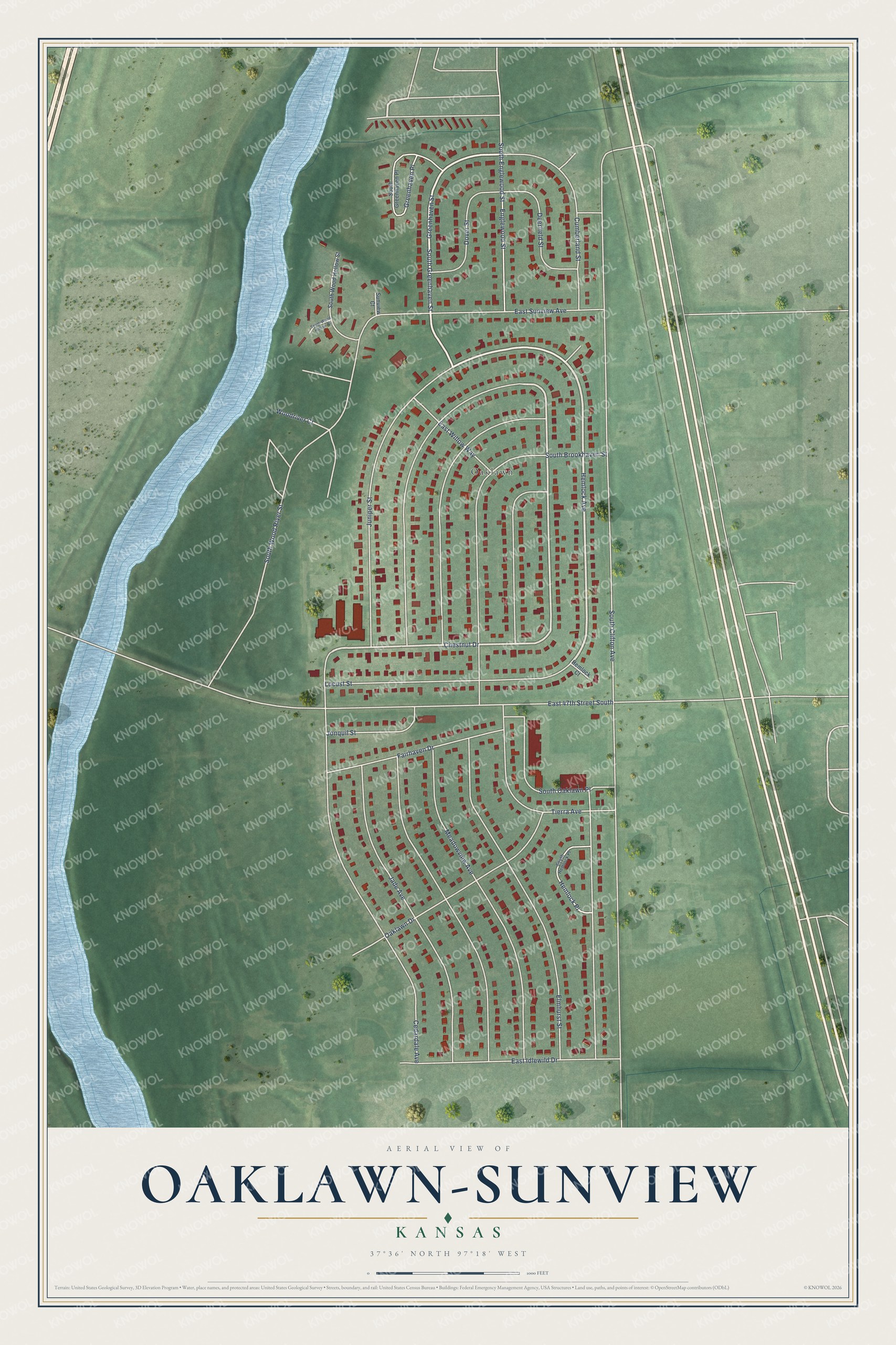 Full map of Oaklawn-Sunview, Kansas, with red buildings, printed street names and the land around them
