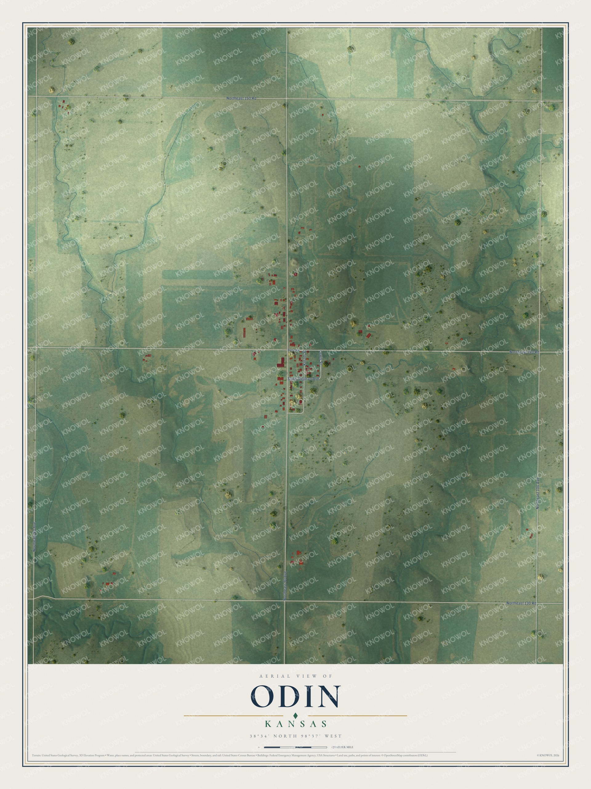 Full map of Odin, Kansas, with red buildings, printed street names and the land around them