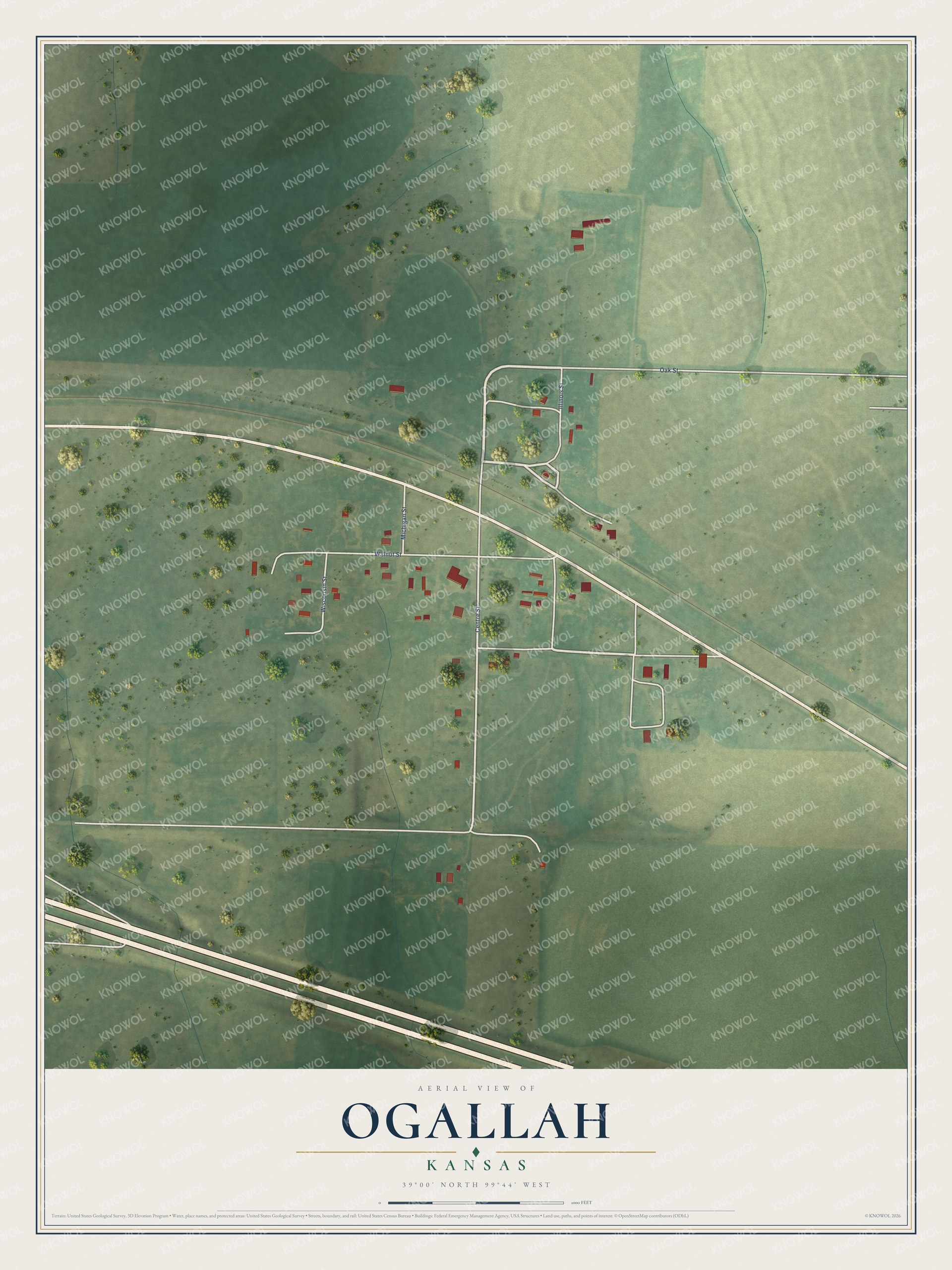 Full map of Ogallah, Kansas, with red buildings, printed street names and the land around them