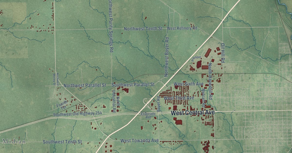Close-up of streets and buildings in Oil Hill, Kansas