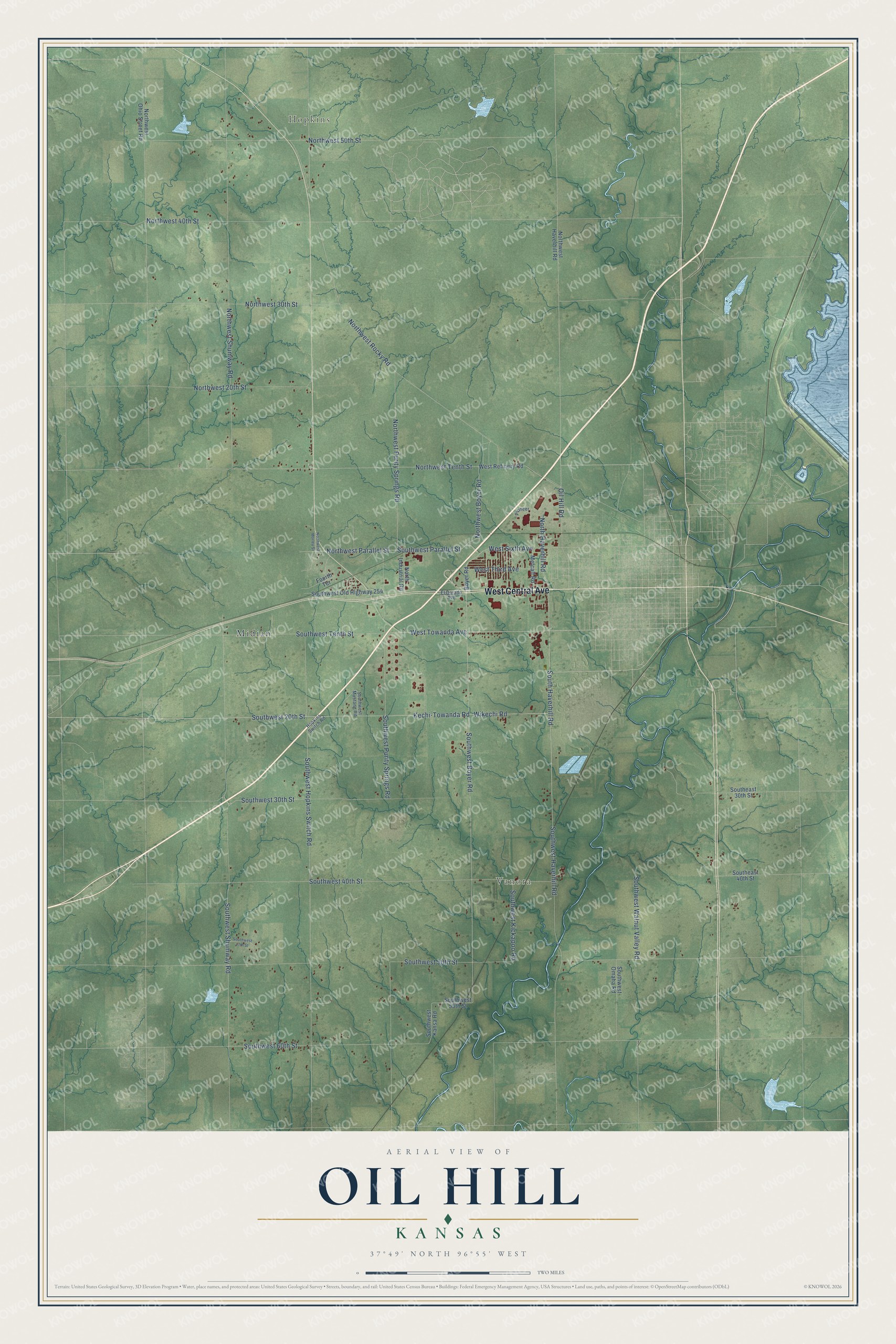 Full map of Oil Hill, Kansas, with red buildings, printed street names and the land around them