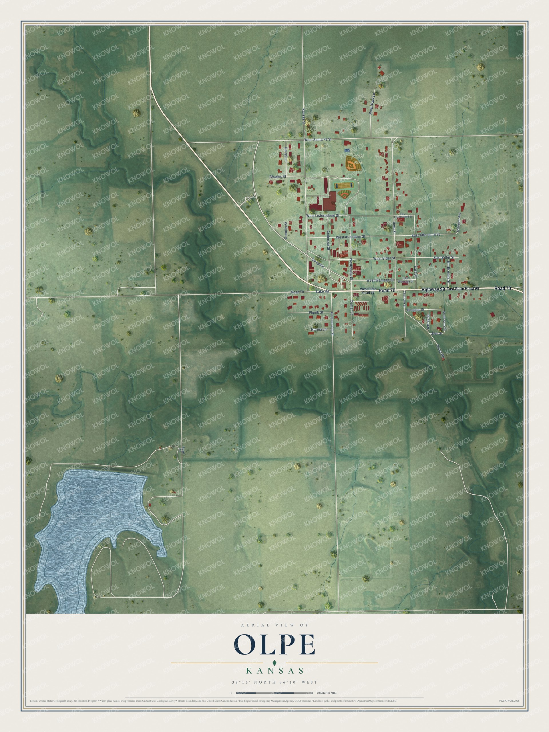 Full map of Olpe, Kansas, with red buildings, printed street names and the land around them