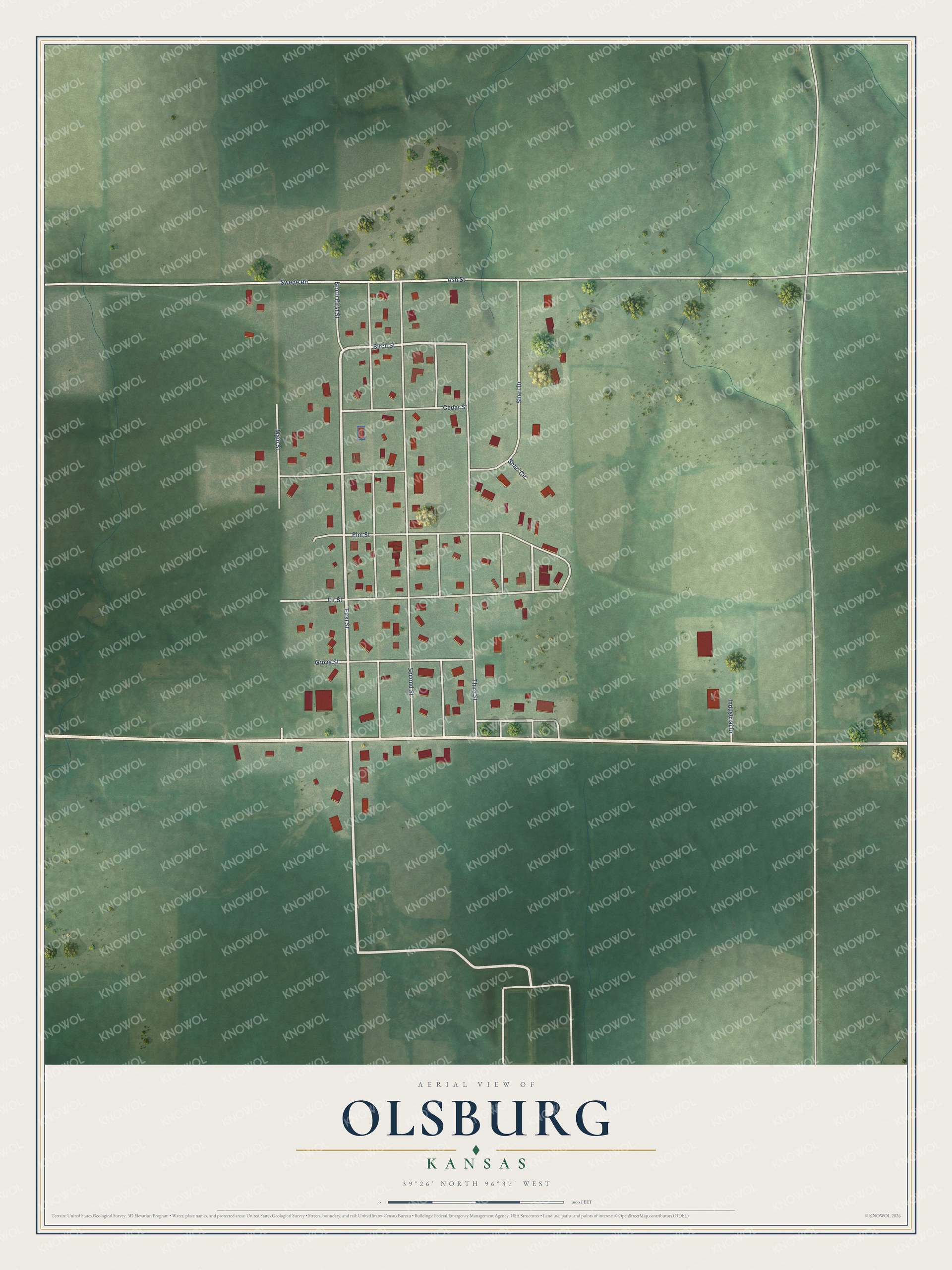 Full map of Olsburg, Kansas, with red buildings, printed street names and the land around them
