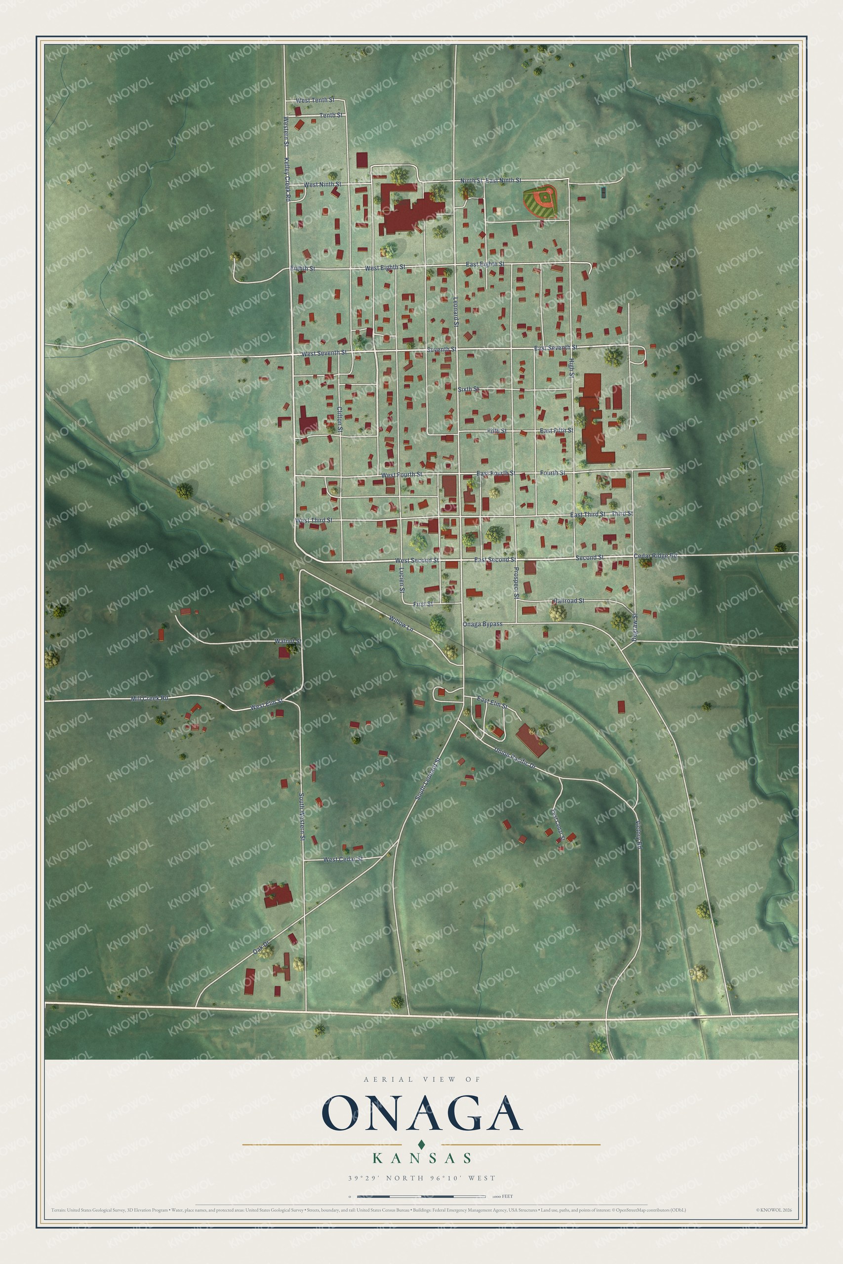 Full map of Onaga, Kansas, with red buildings, printed street names and the land around them