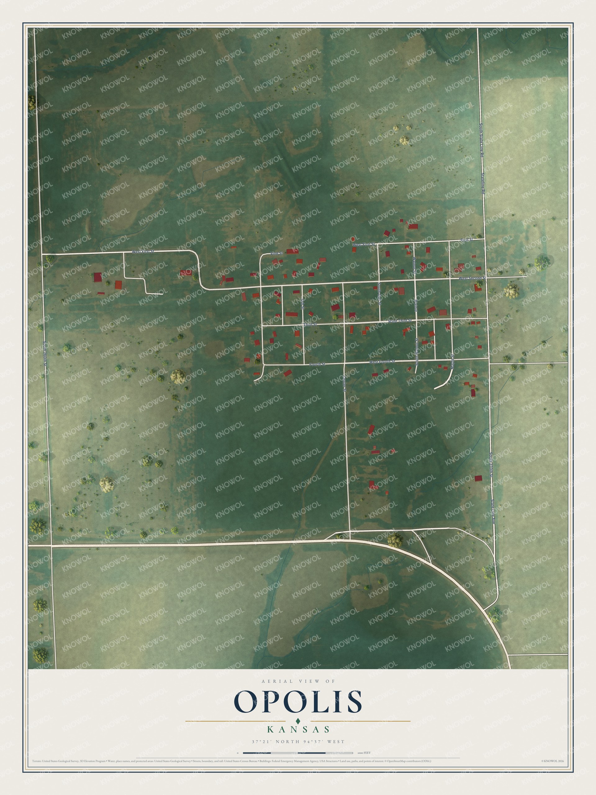 Full map of Opolis, Kansas, with red buildings, printed street names and the land around them