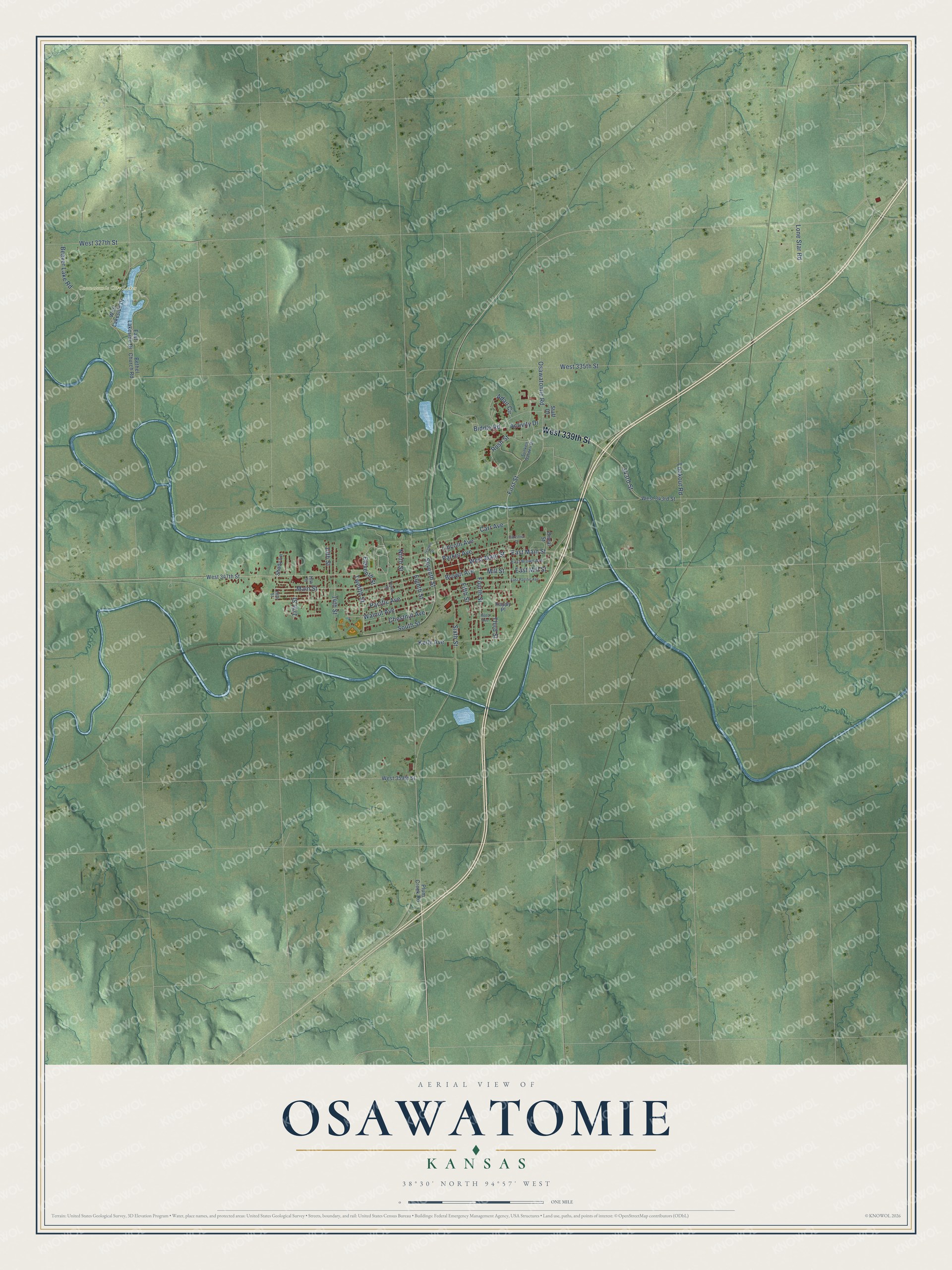 Full map of Osawatomie, Kansas, with red buildings, printed street names and the land around them