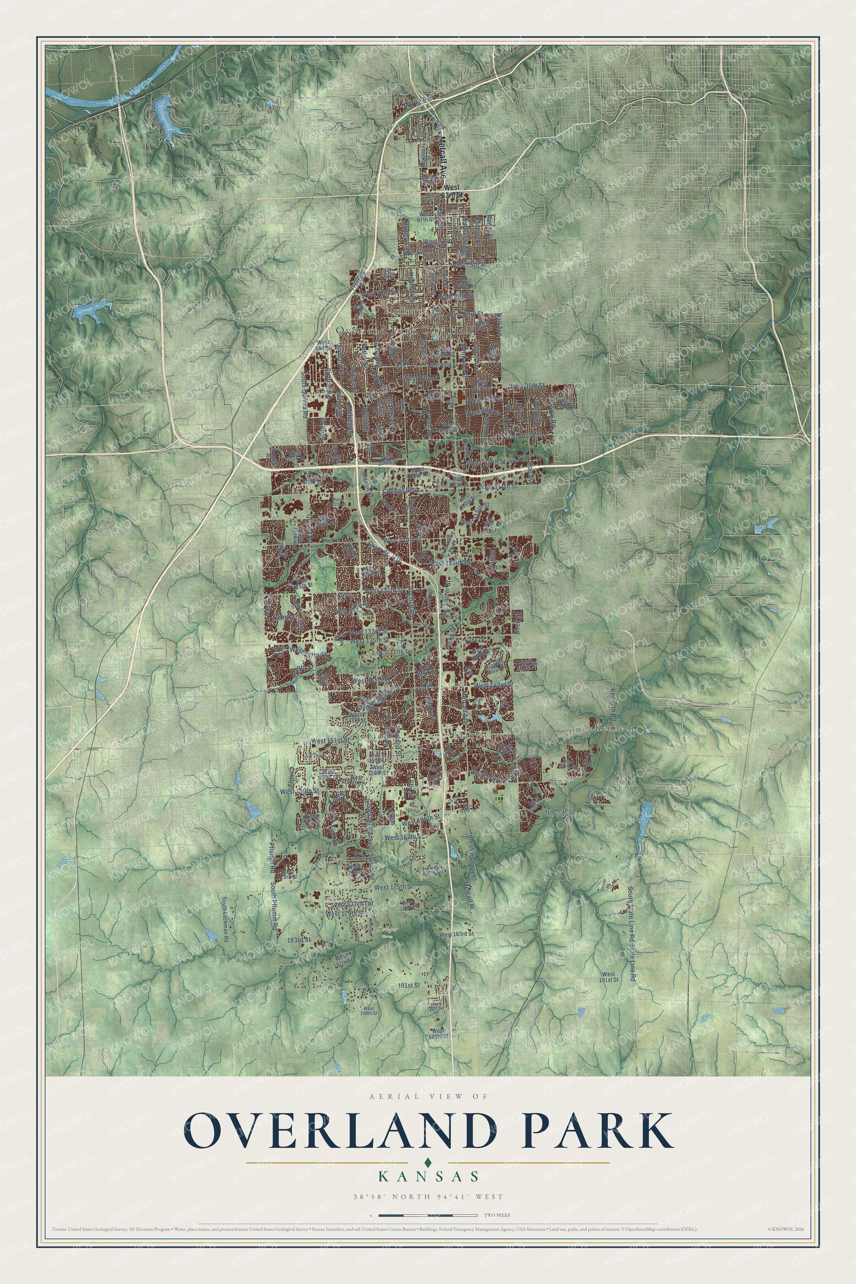 Full map of Overland Park, Kansas, with red buildings, printed street names and the land around them