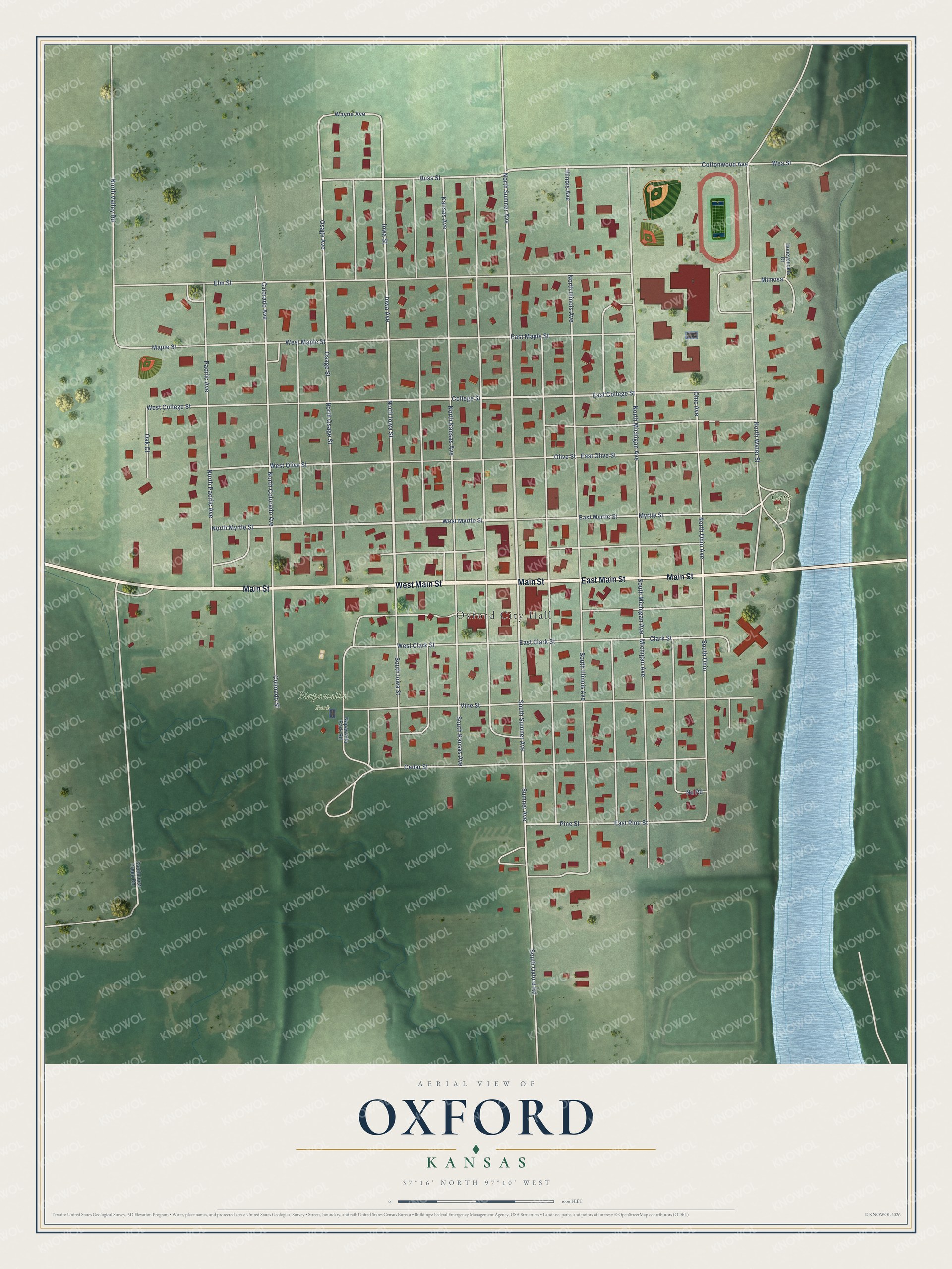 Full map of Oxford, Kansas, with red buildings, printed street names and the land around them
