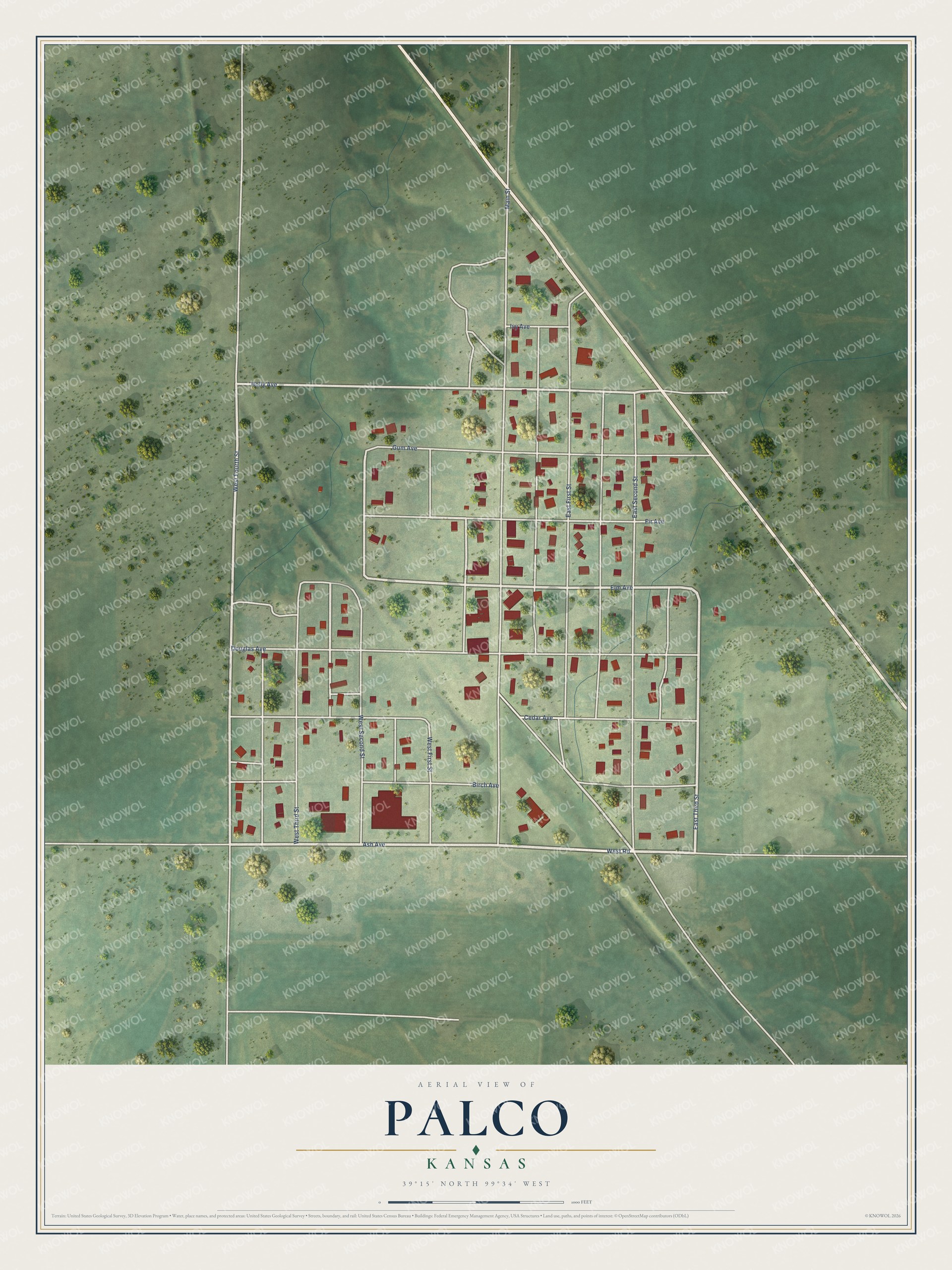 Full map of Palco, Kansas, with red buildings, printed street names and the land around them