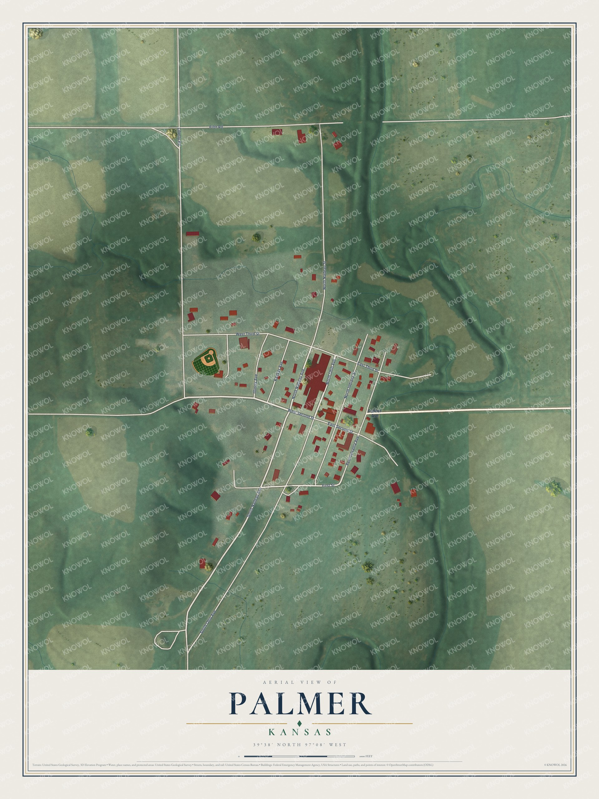 Full map of Palmer, Kansas, with red buildings, printed street names and the land around them