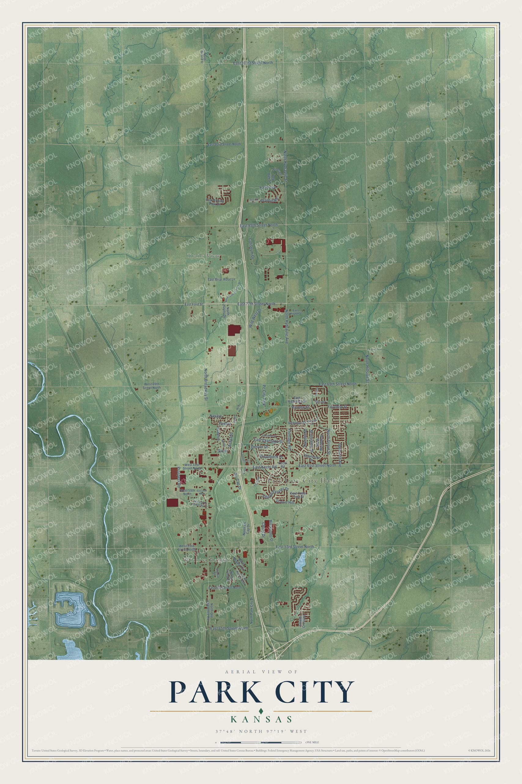 Full map of Park City, Kansas, with red buildings, printed street names and the land around them