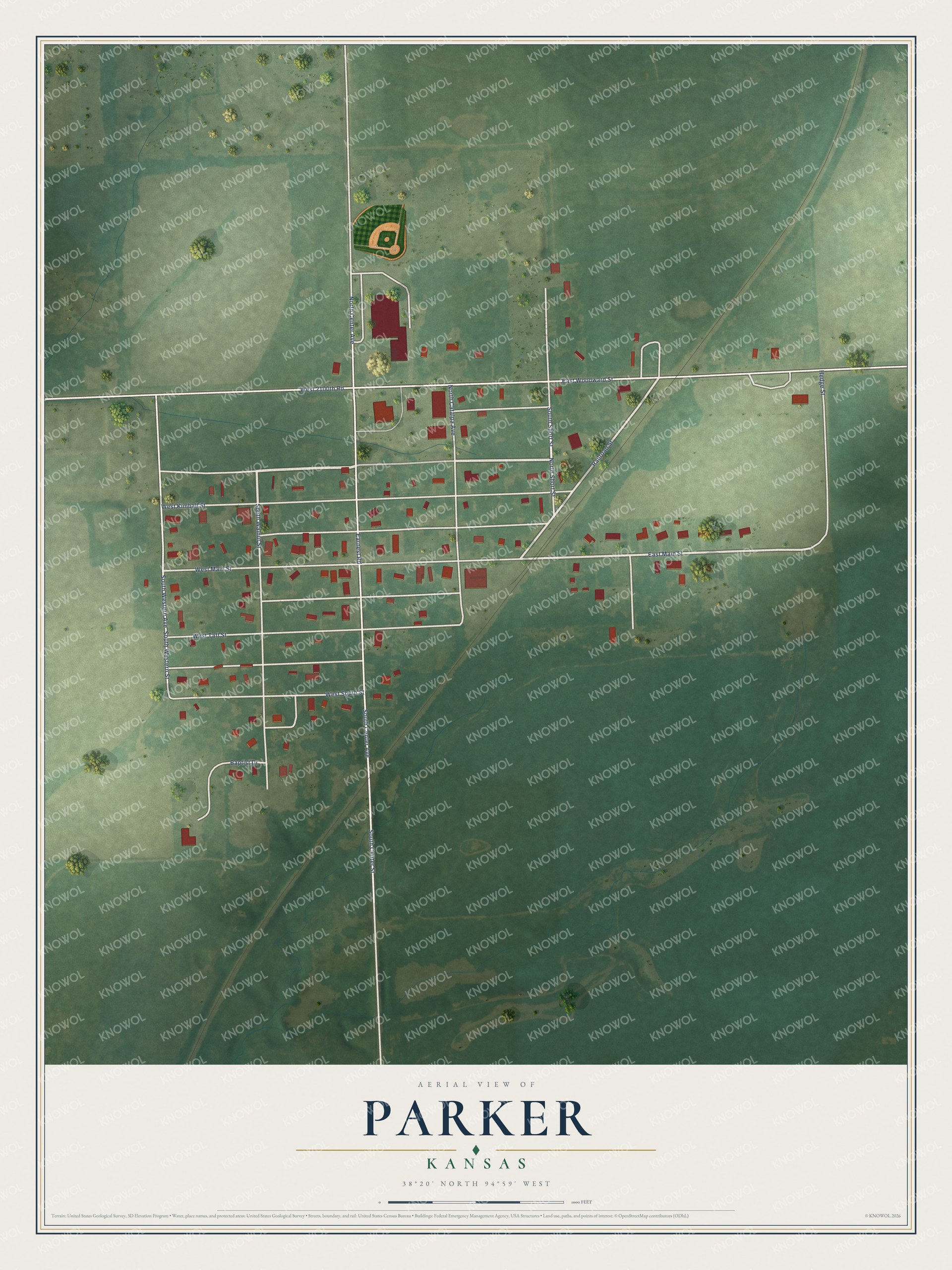 Full map of Parker, Kansas, with red buildings, printed street names and the land around them