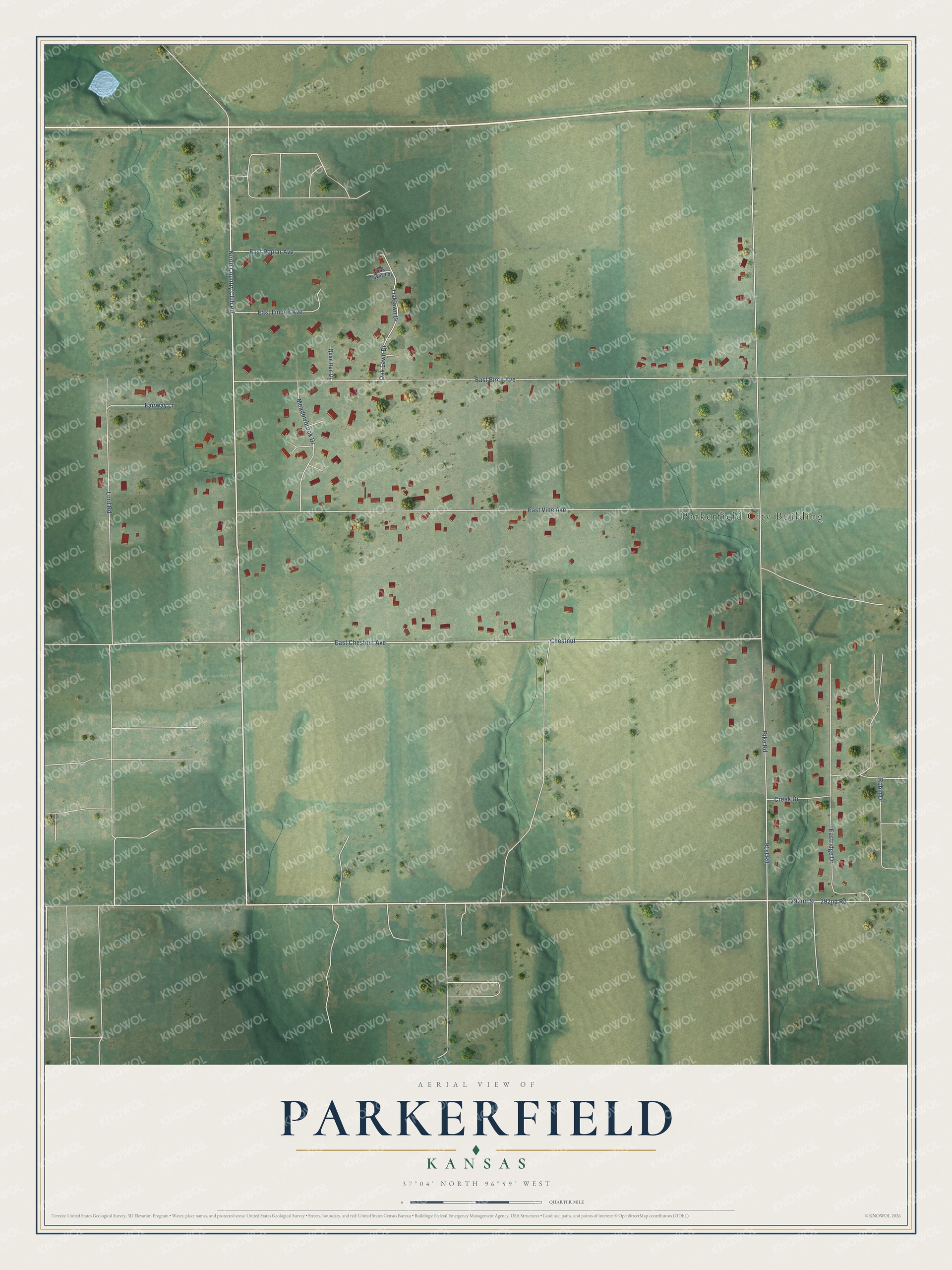 Full map of Parkerfield, Kansas, with red buildings, printed street names and the land around them