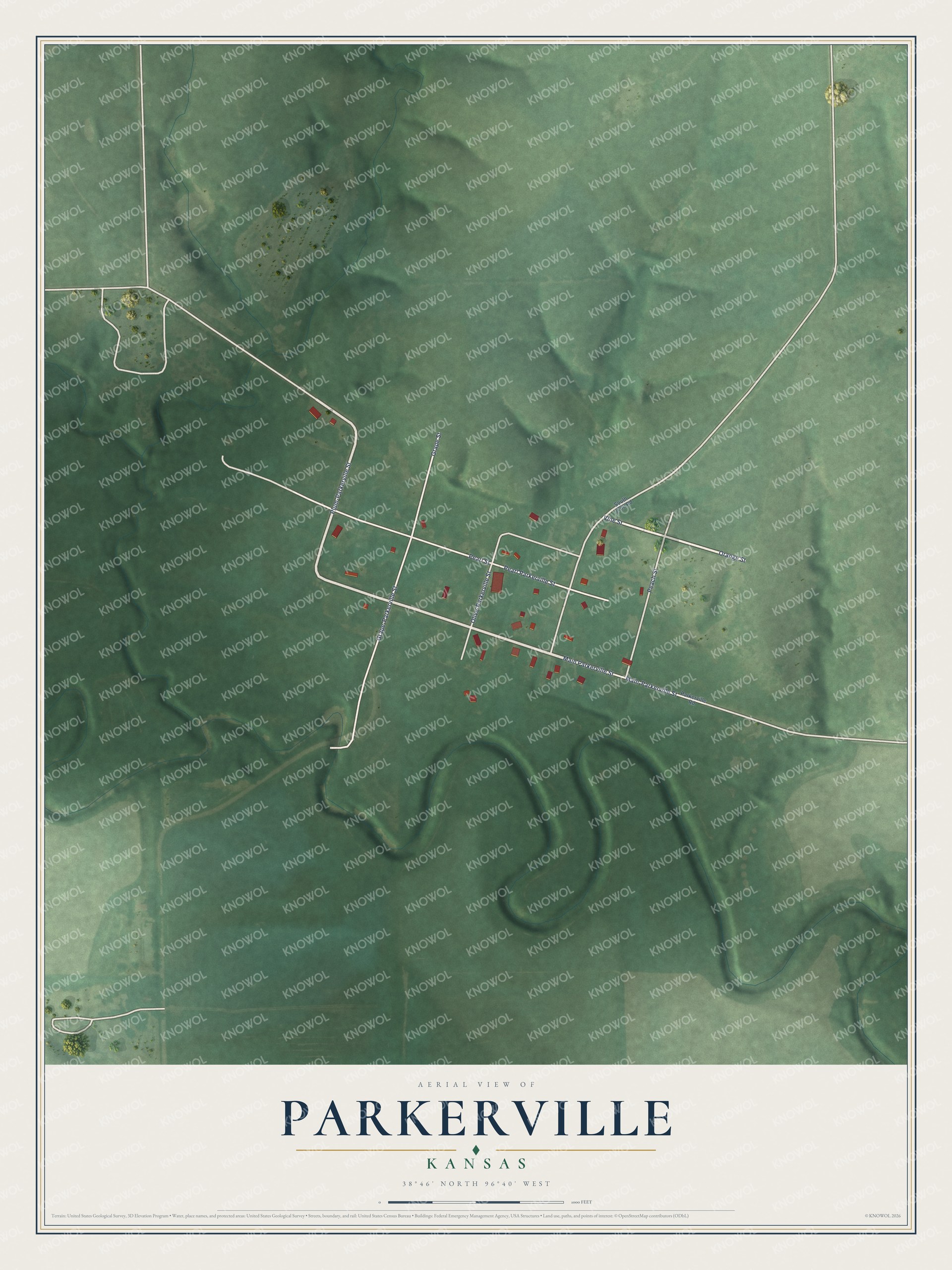Full map of Parkerville, Kansas, with red buildings, printed street names and the land around them