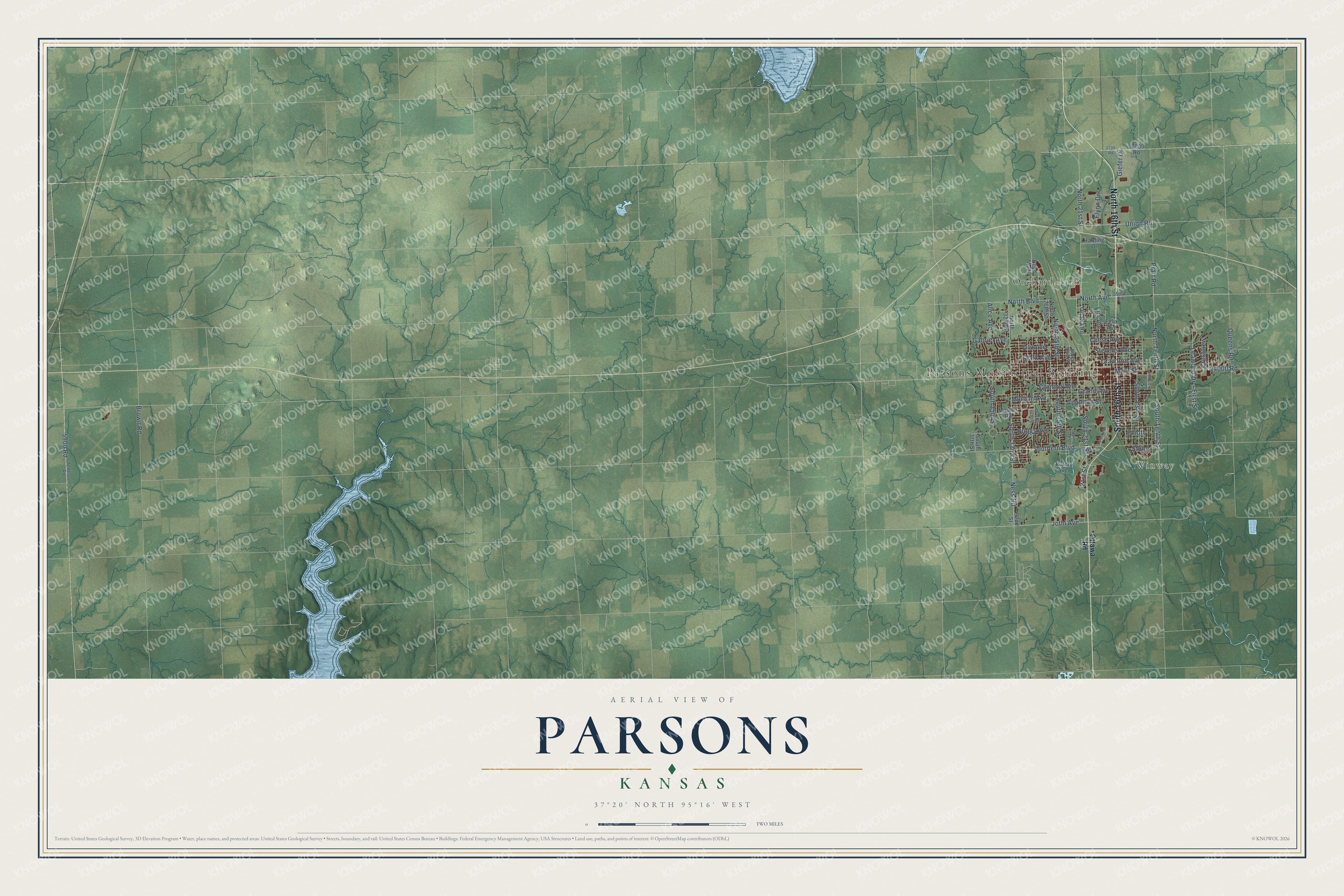 Full map of Parsons, Kansas, with red buildings, printed street names and the land around them