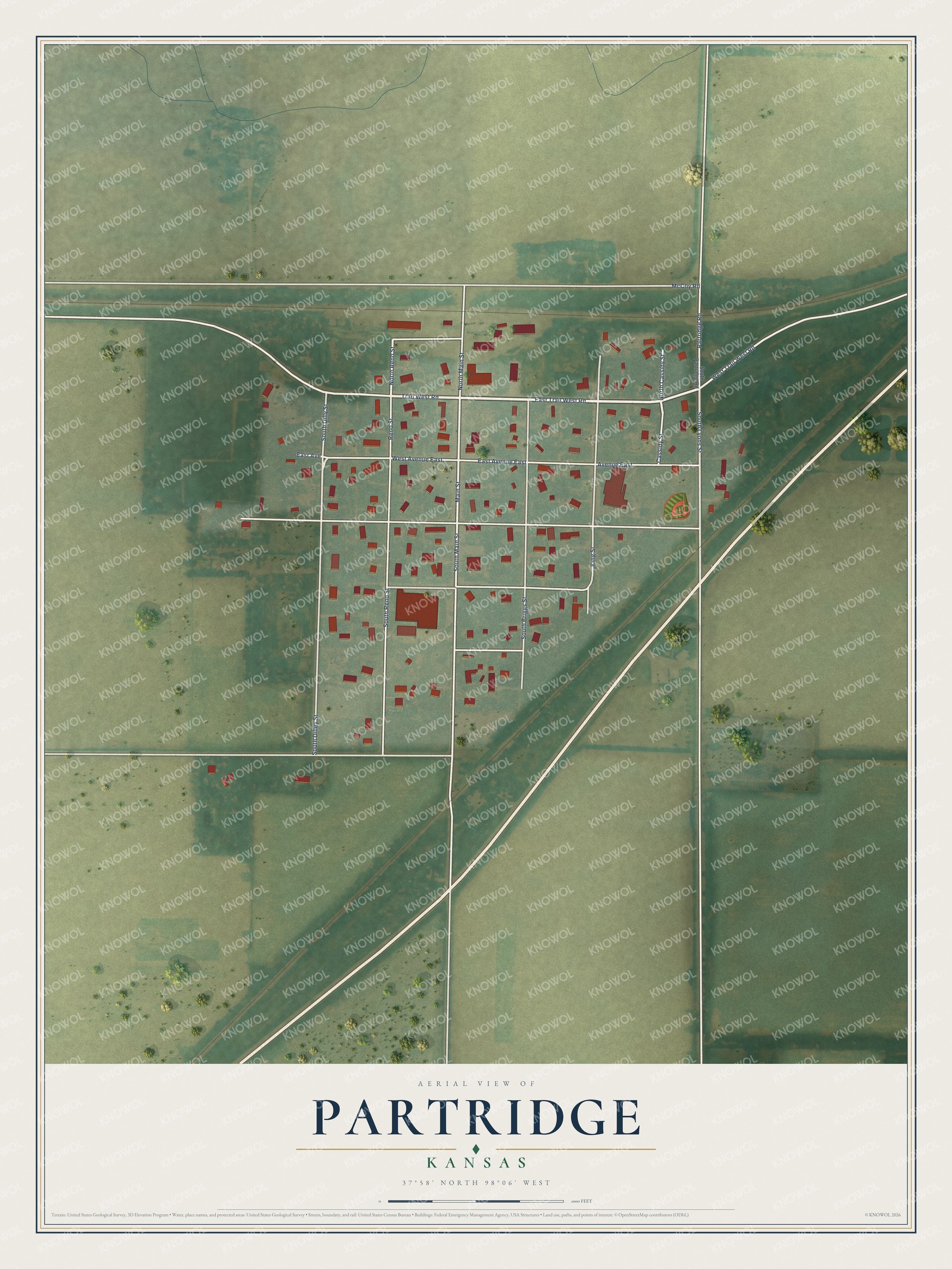 Full map of Partridge, Kansas, with red buildings, printed street names and the land around them