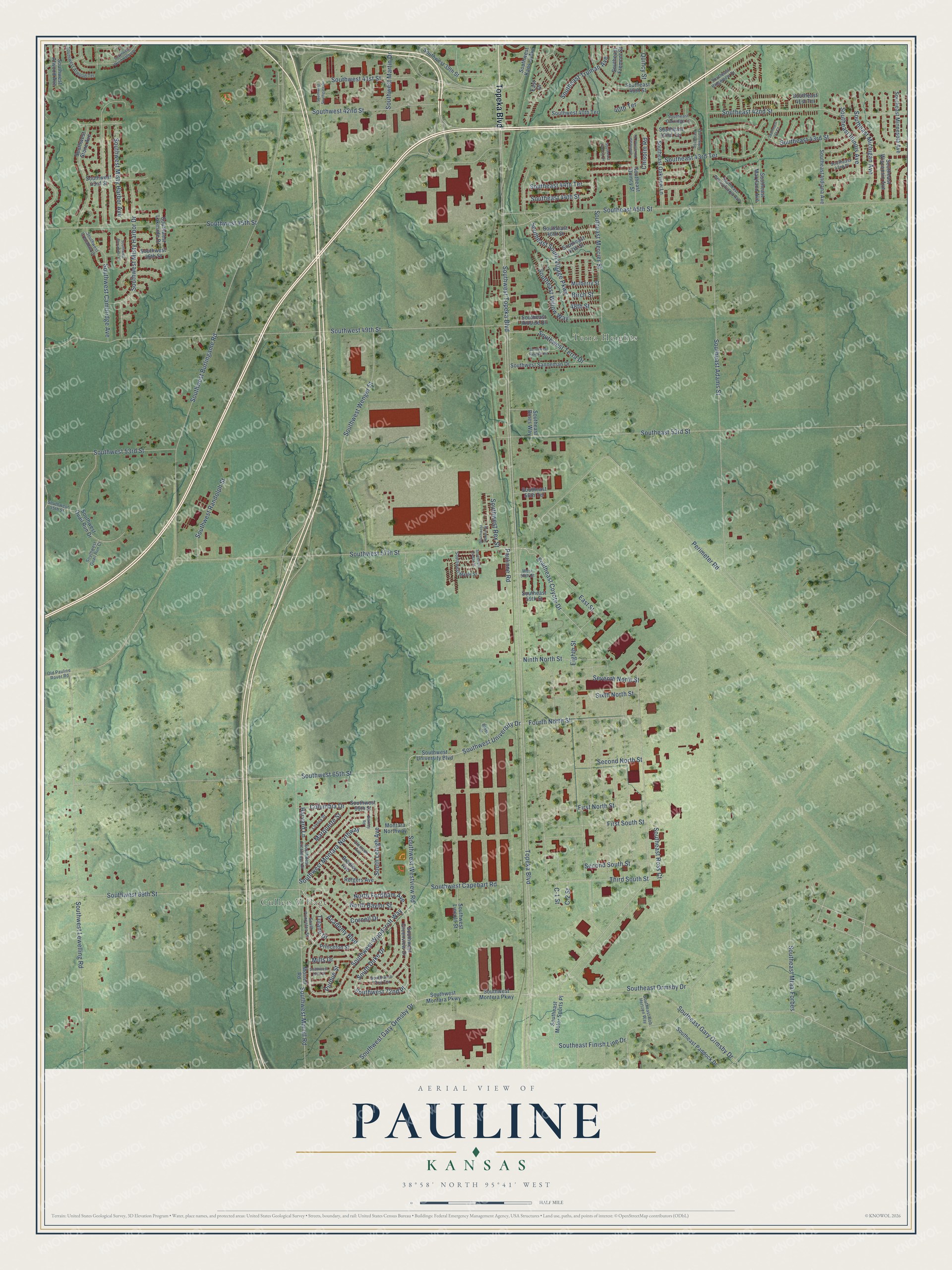 Watermarked full-map preview of Pauline, Kansas