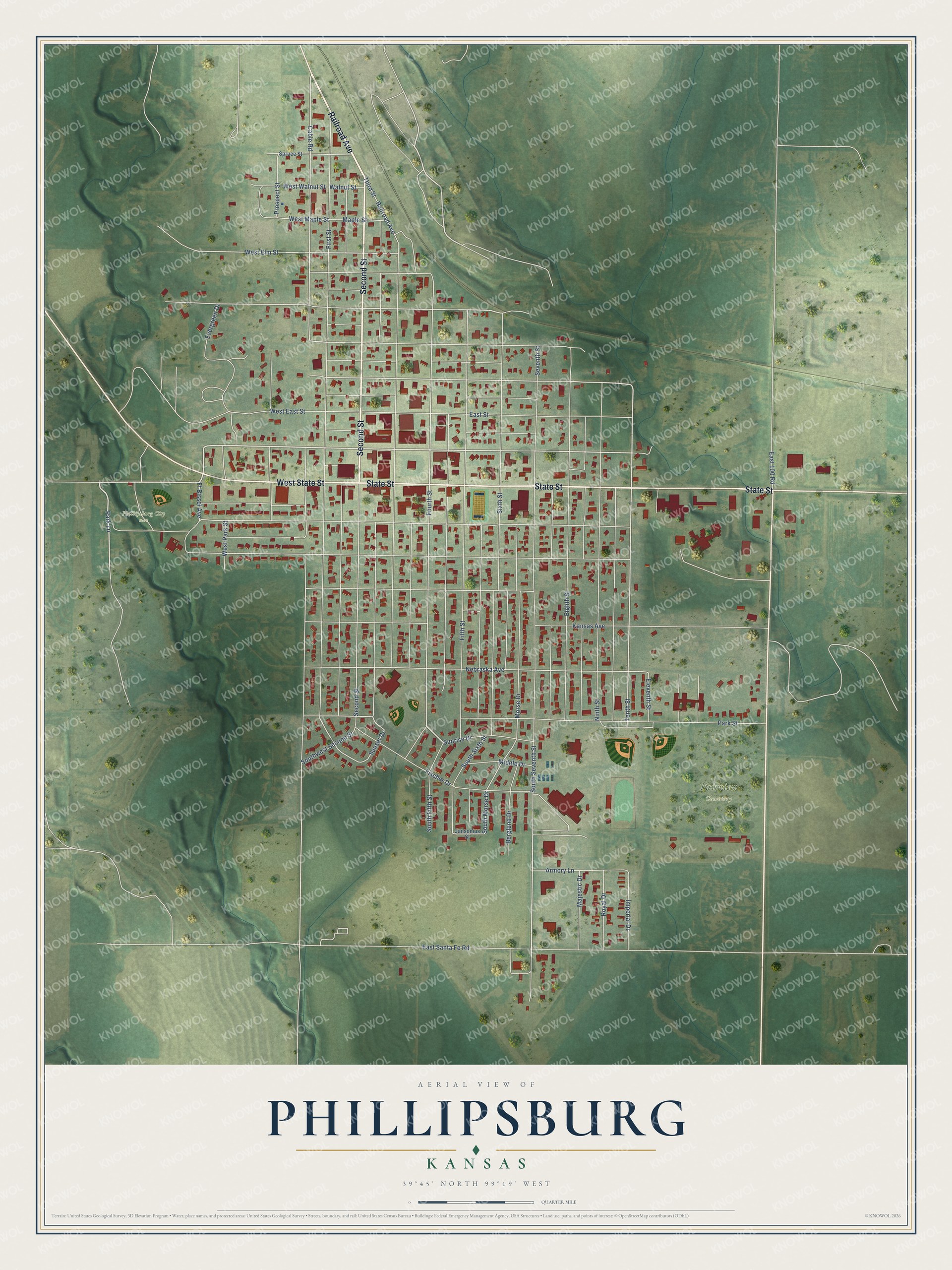 Full map of Phillipsburg, Kansas, with red buildings, printed street names and the land around them