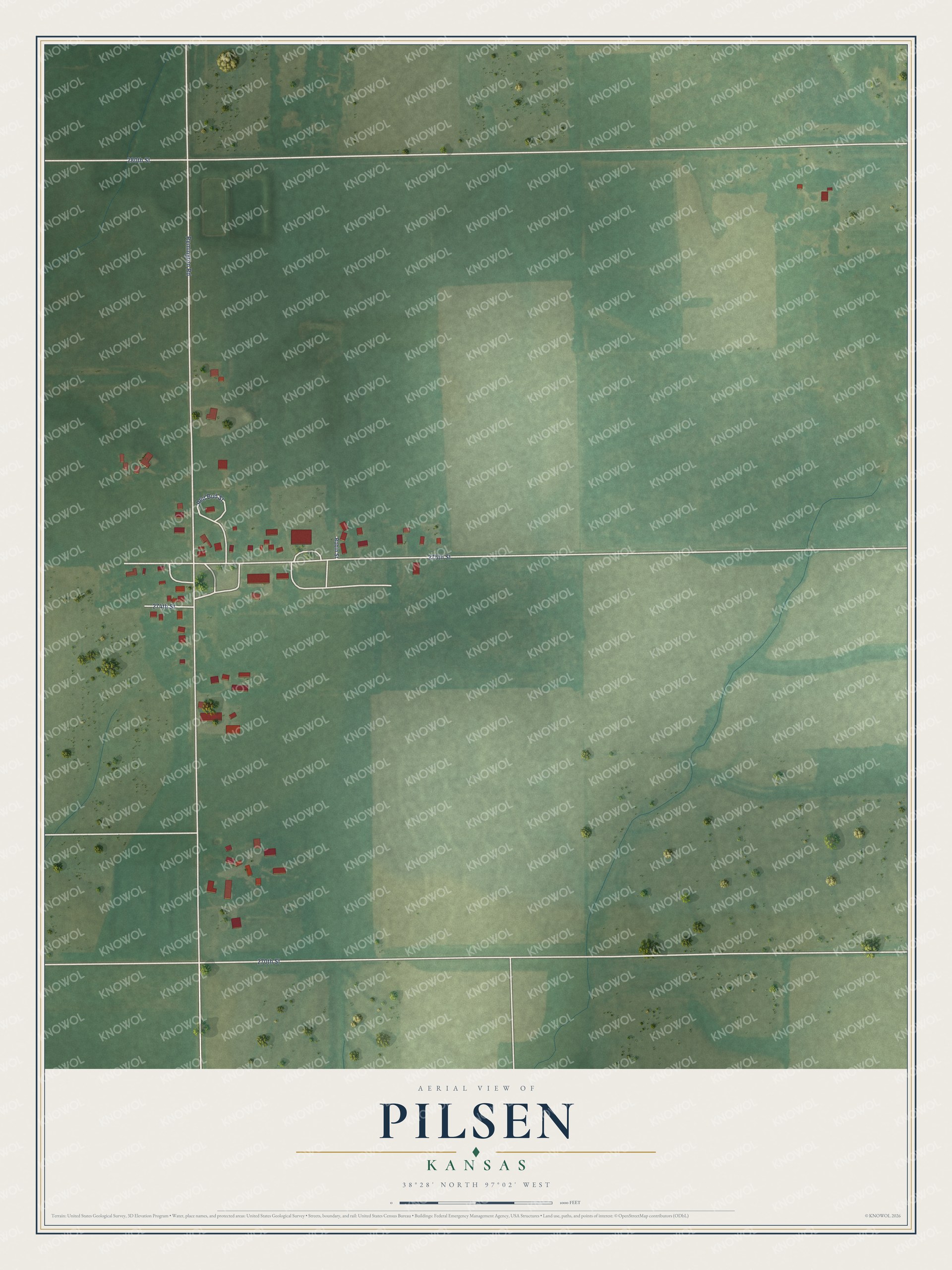 Full map of Pilsen, Kansas, with red buildings, printed street names and the land around them