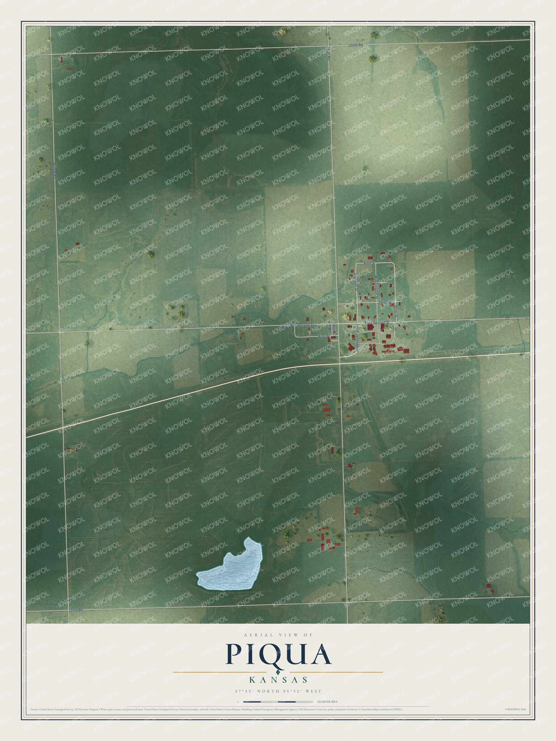 Full map of Piqua, Kansas, with red buildings, printed street names and the land around them