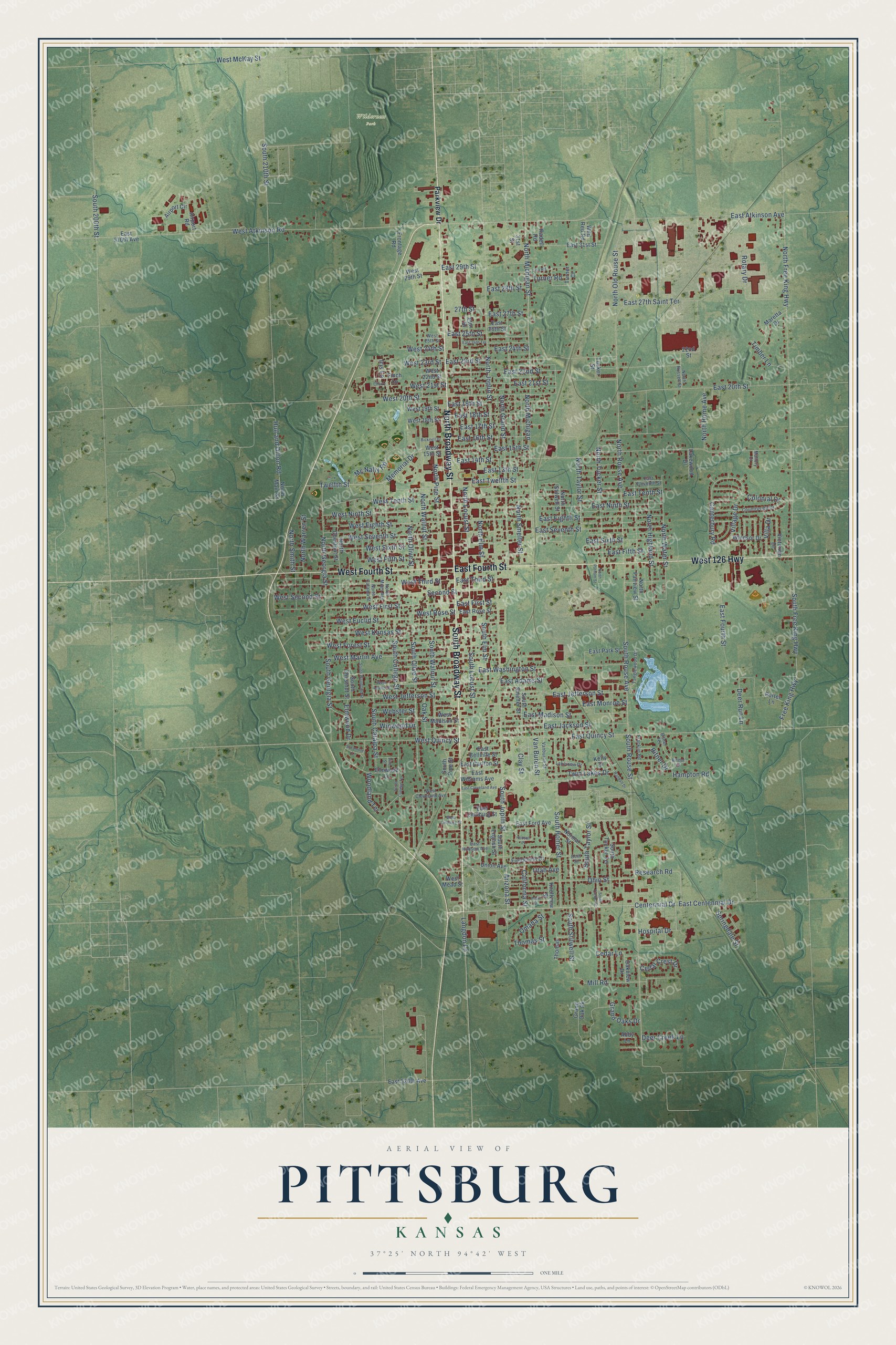Full map of Pittsburg, Kansas, with red buildings, printed street names and the land around them