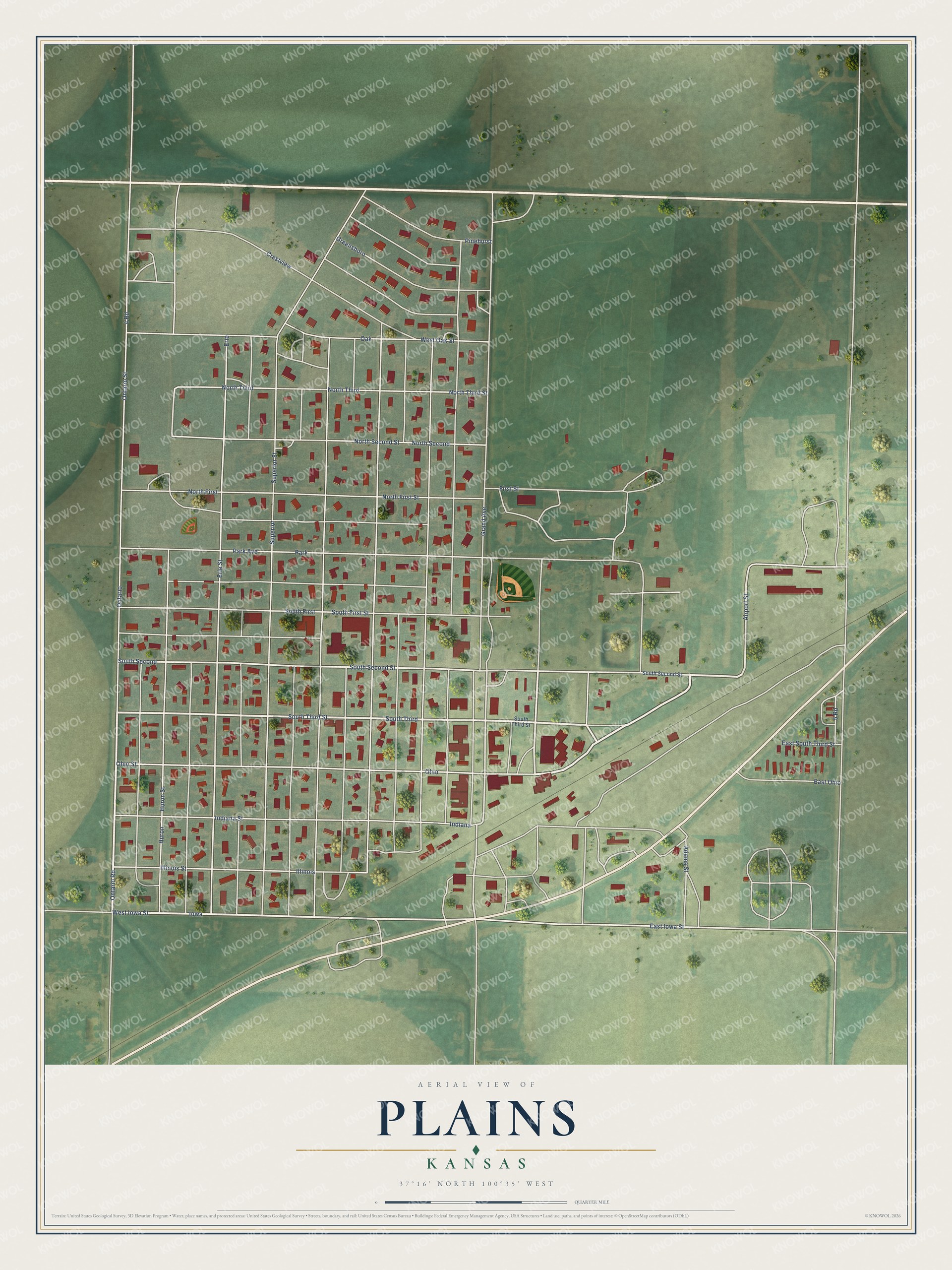 Full map of Plains, Kansas, with red buildings, printed street names and the land around them