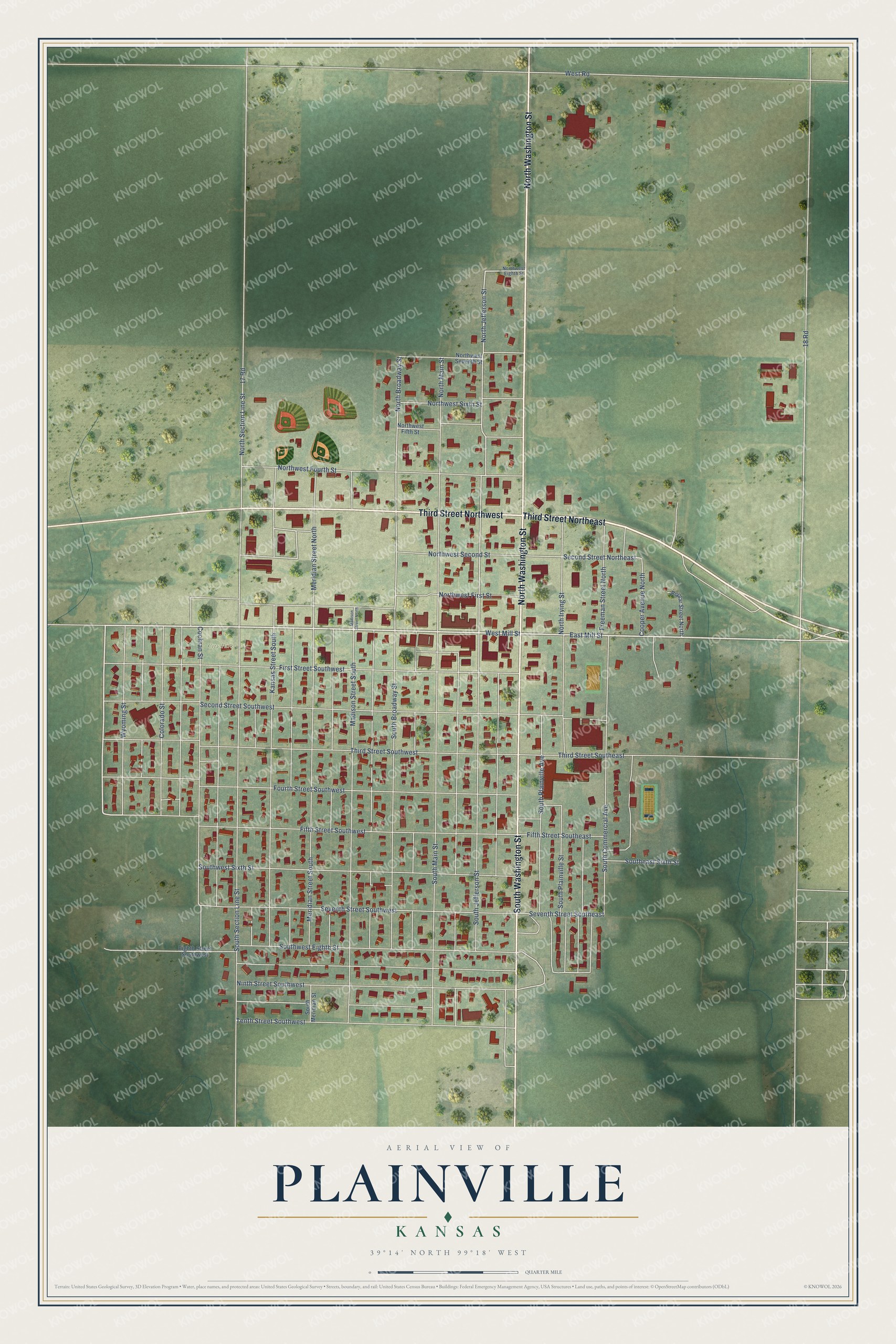 Full map of Plainville, Kansas, with red buildings, printed street names and the land around them