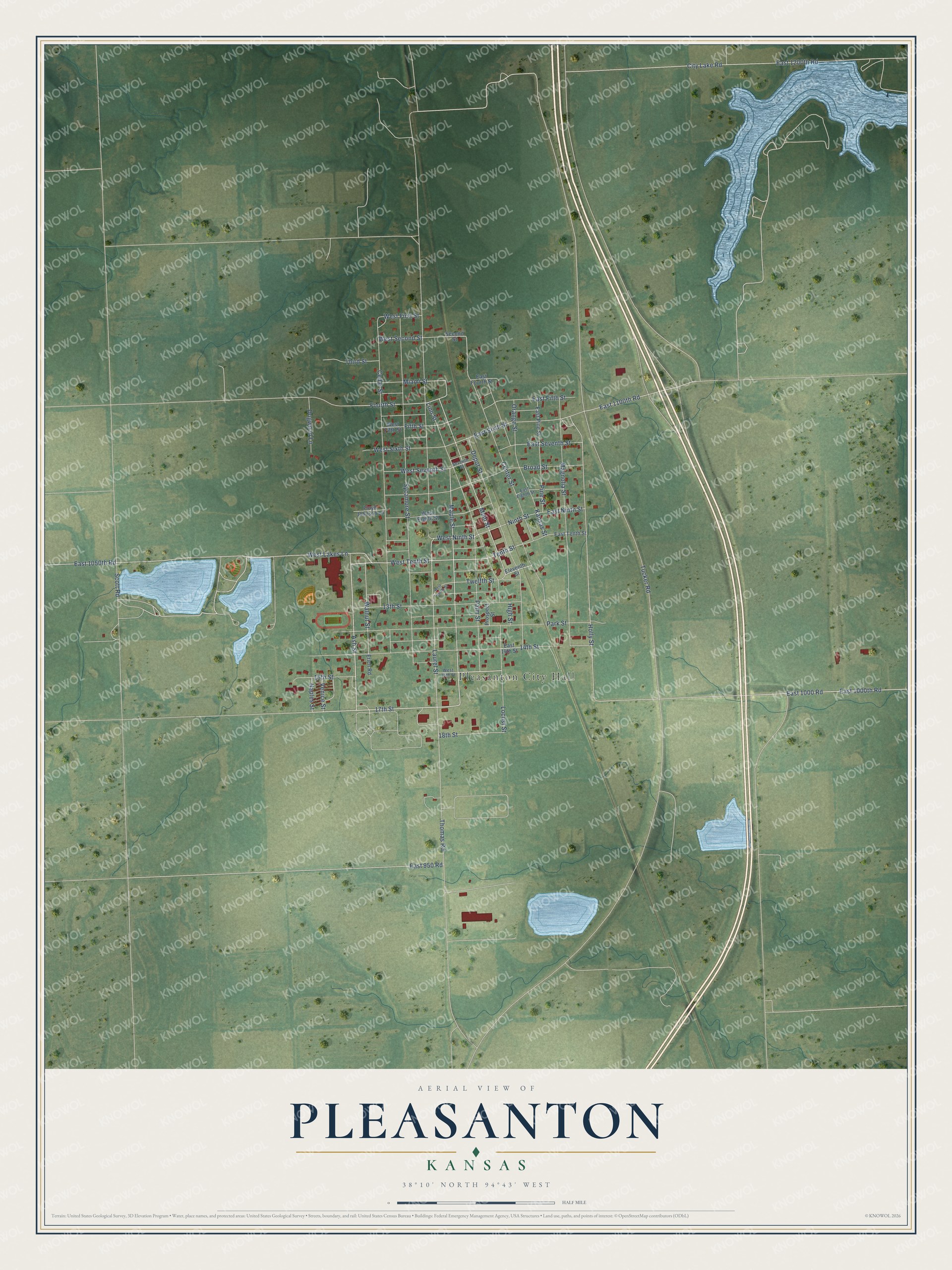Watermarked full-map preview of Pleasanton, Kansas