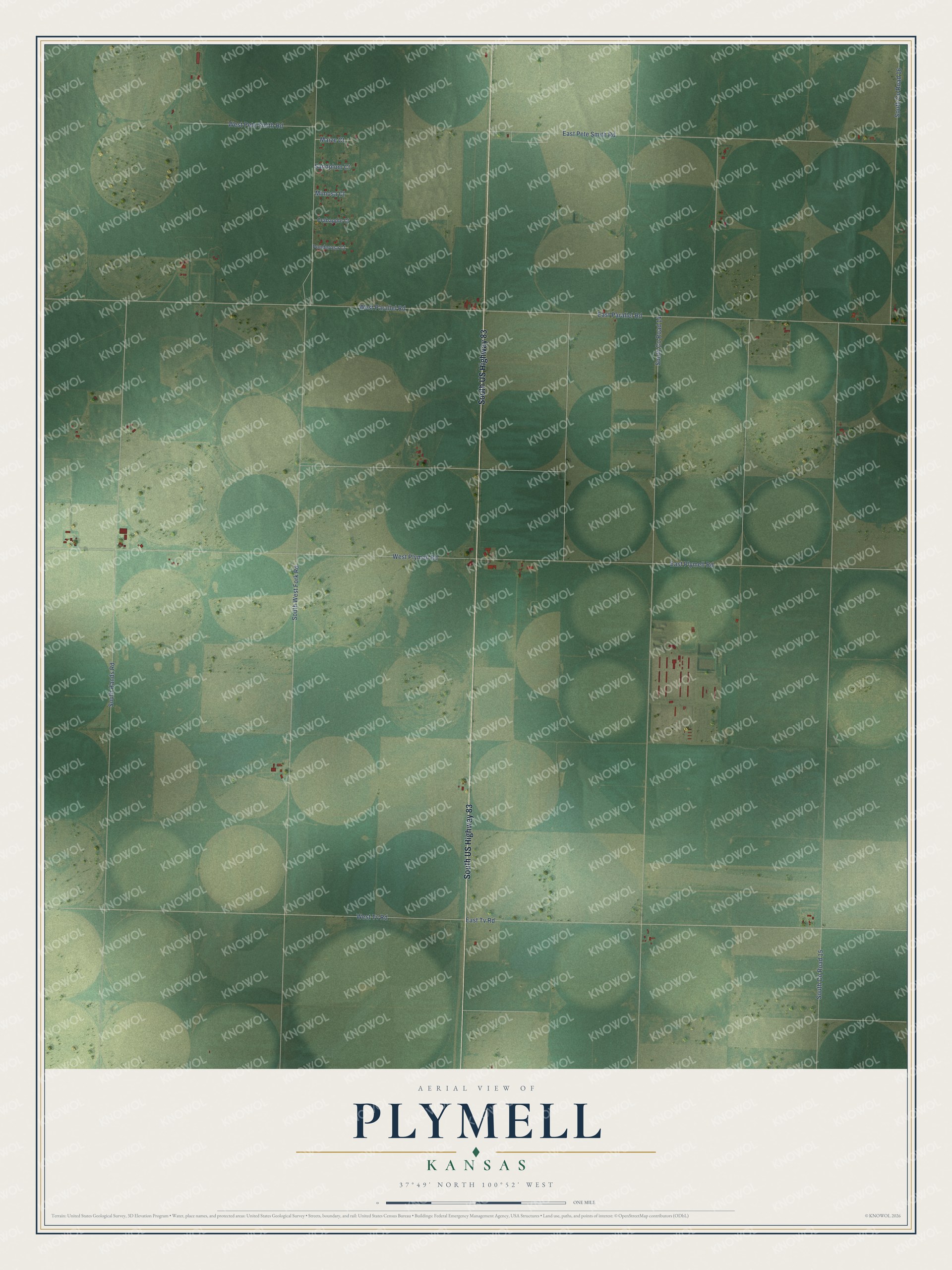 Full map of Plymell, Kansas, with red buildings, printed street names and the land around them