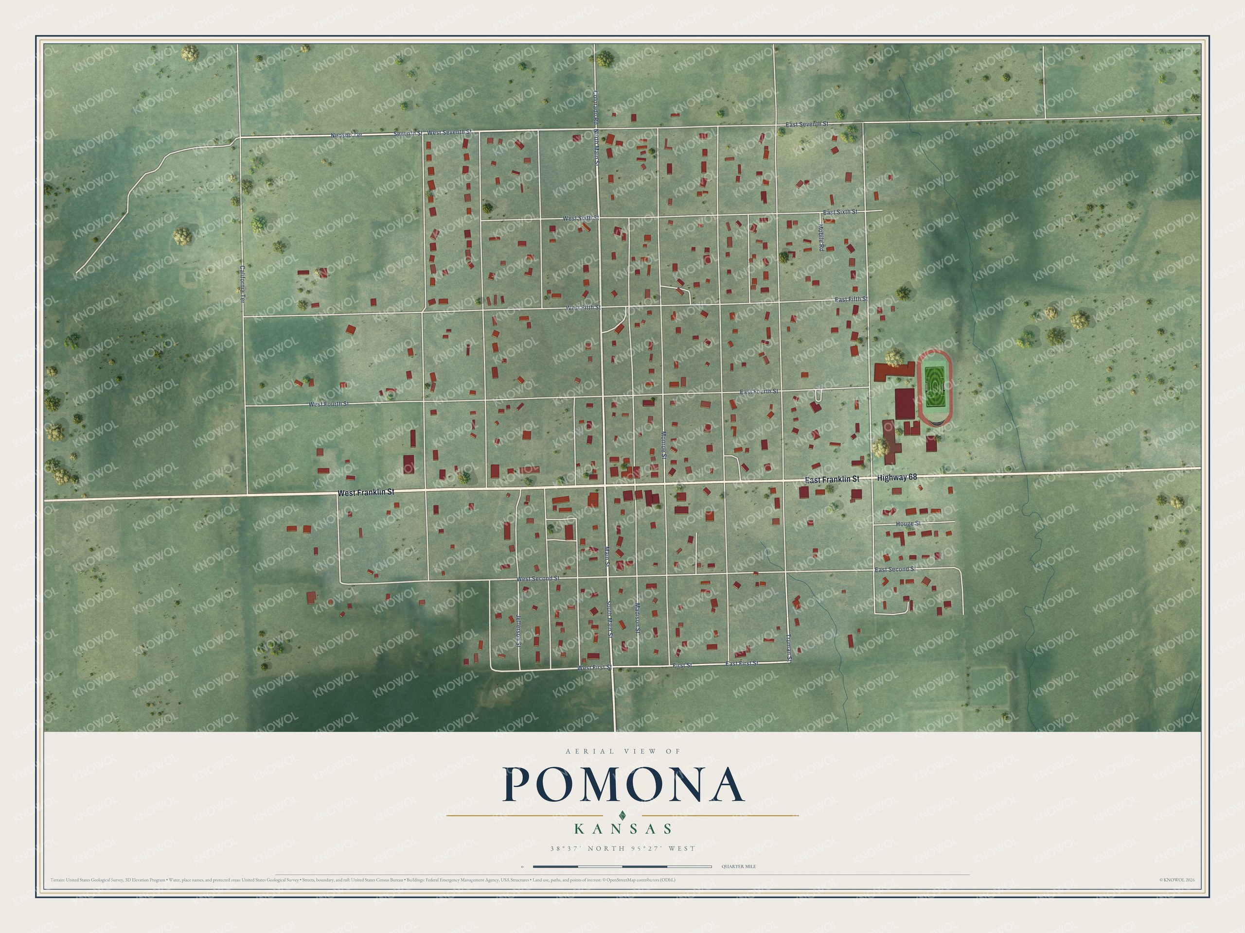 Full map of Pomona, Kansas, with red buildings, printed street names and the land around them