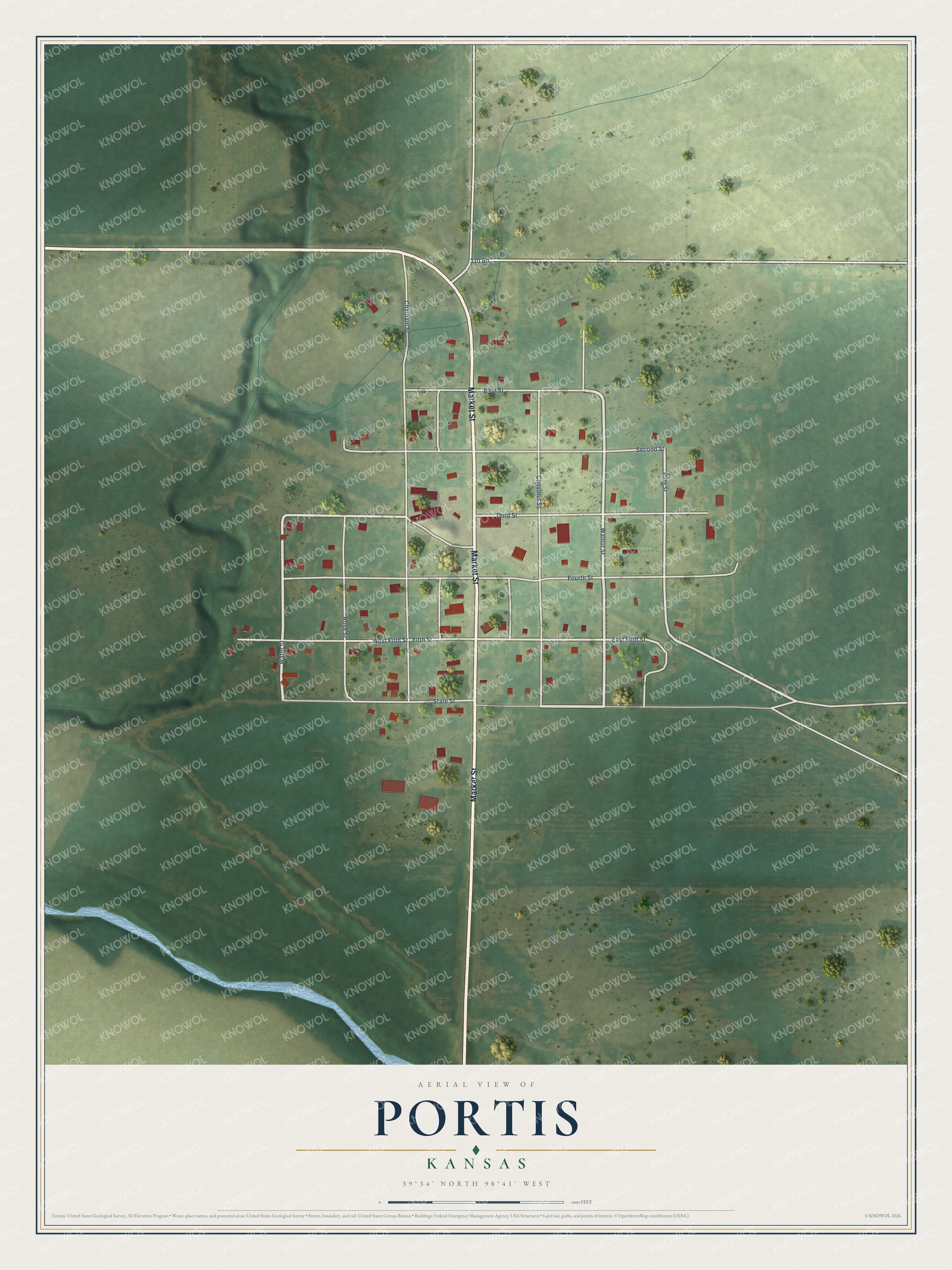 Full map of Portis, Kansas, with red buildings, printed street names and the land around them
