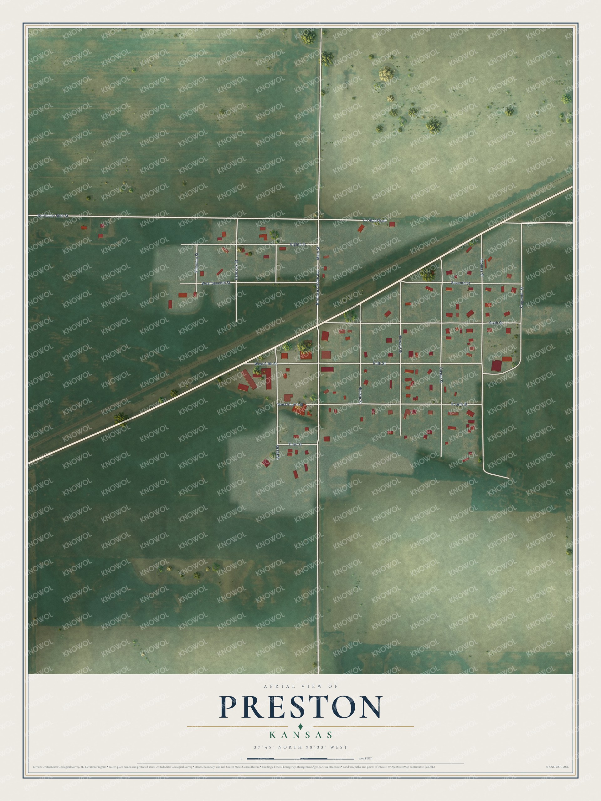 Full map of Preston, Kansas, with red buildings, printed street names and the land around them