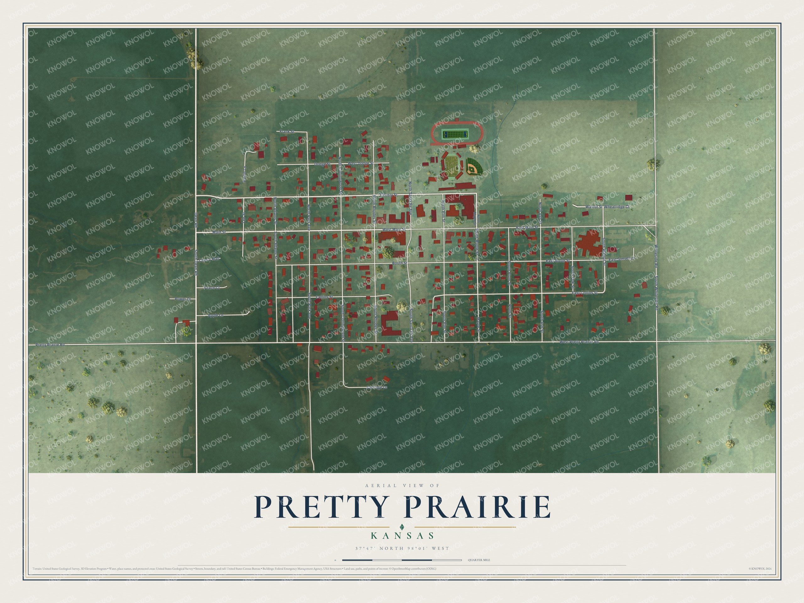 Full map of Pretty Prairie, Kansas, with red buildings, printed street names and the land around them