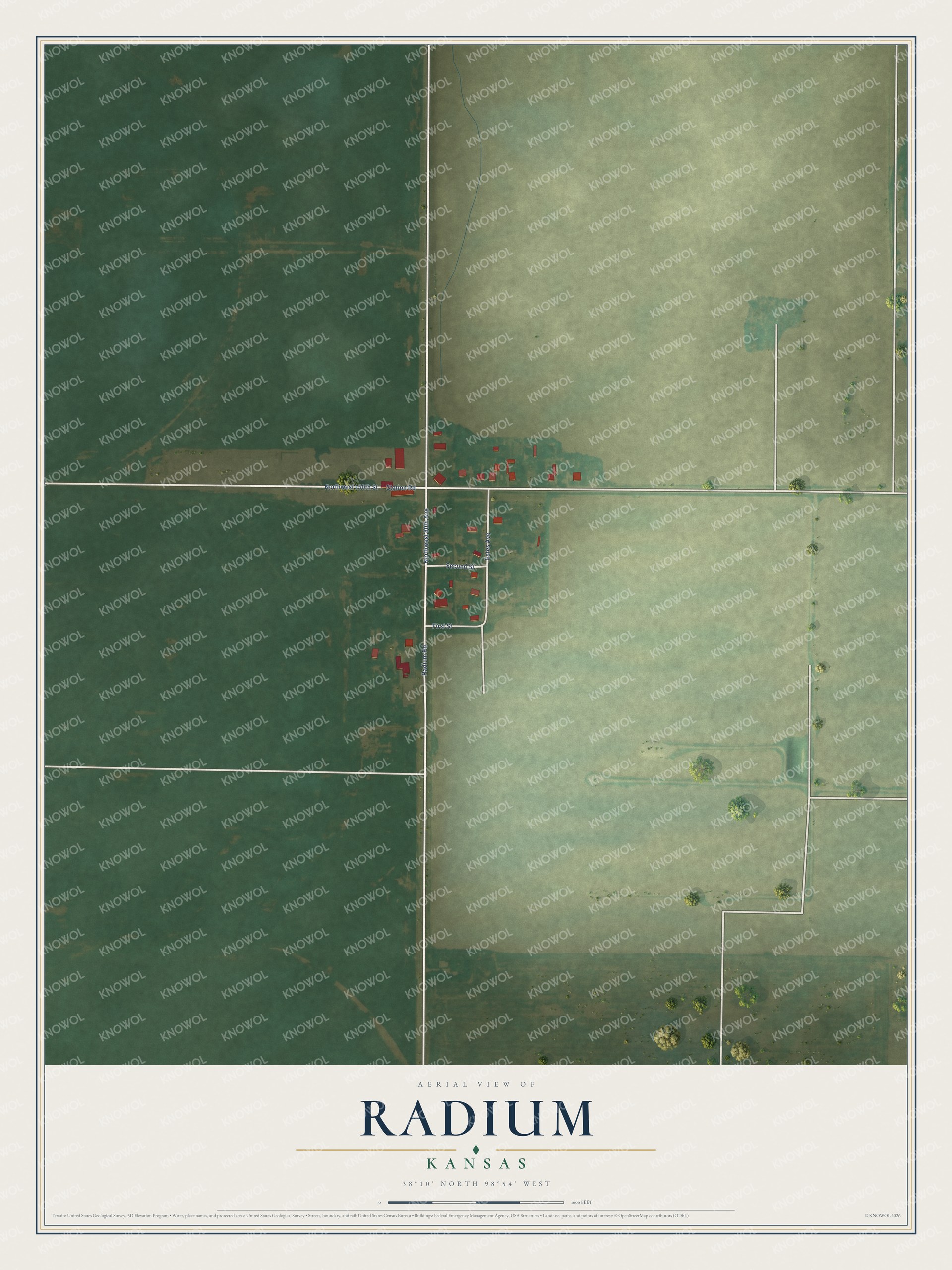Full map of Radium, Kansas, with red buildings, printed street names and the land around them