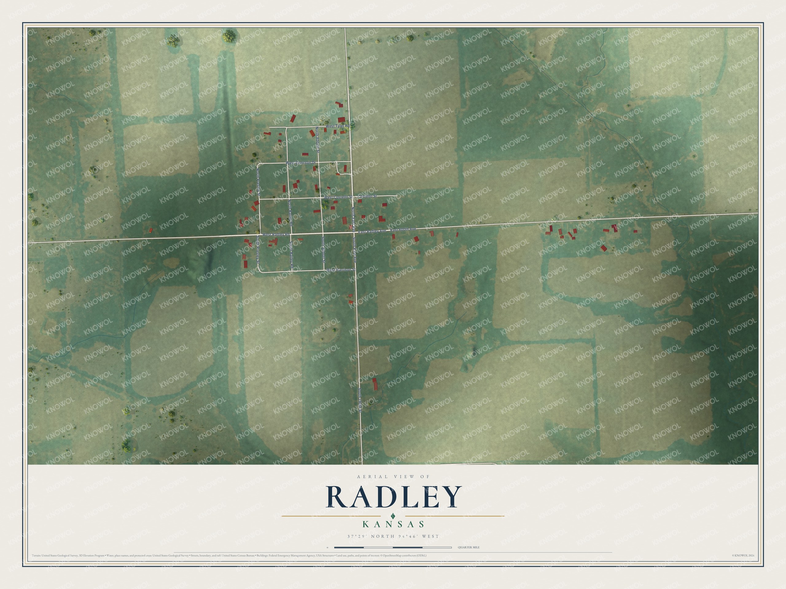Full map of Radley, Kansas, with red buildings, printed street names and the land around them