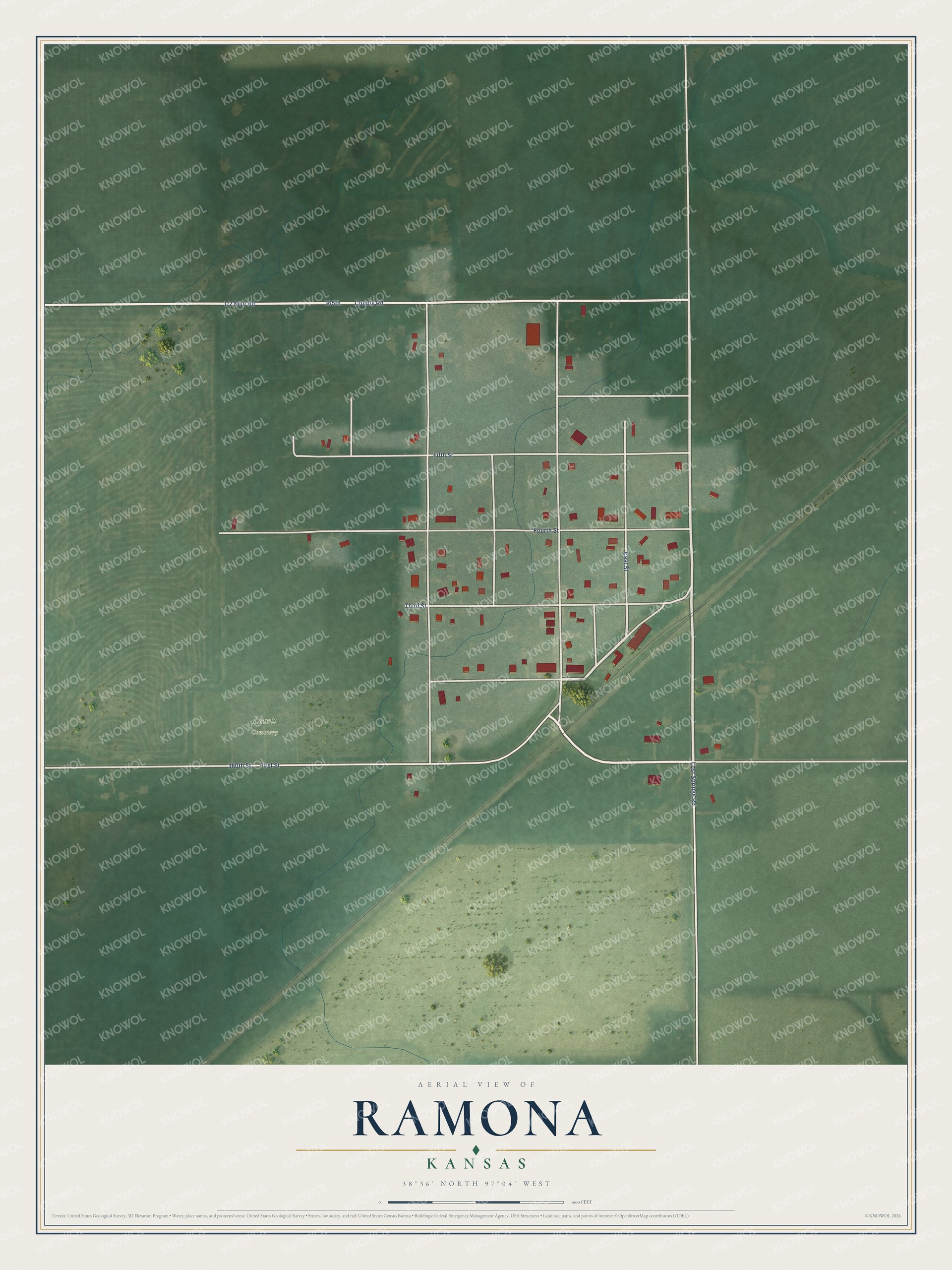 Full map of Ramona, Kansas, with red buildings, printed street names and the land around them
