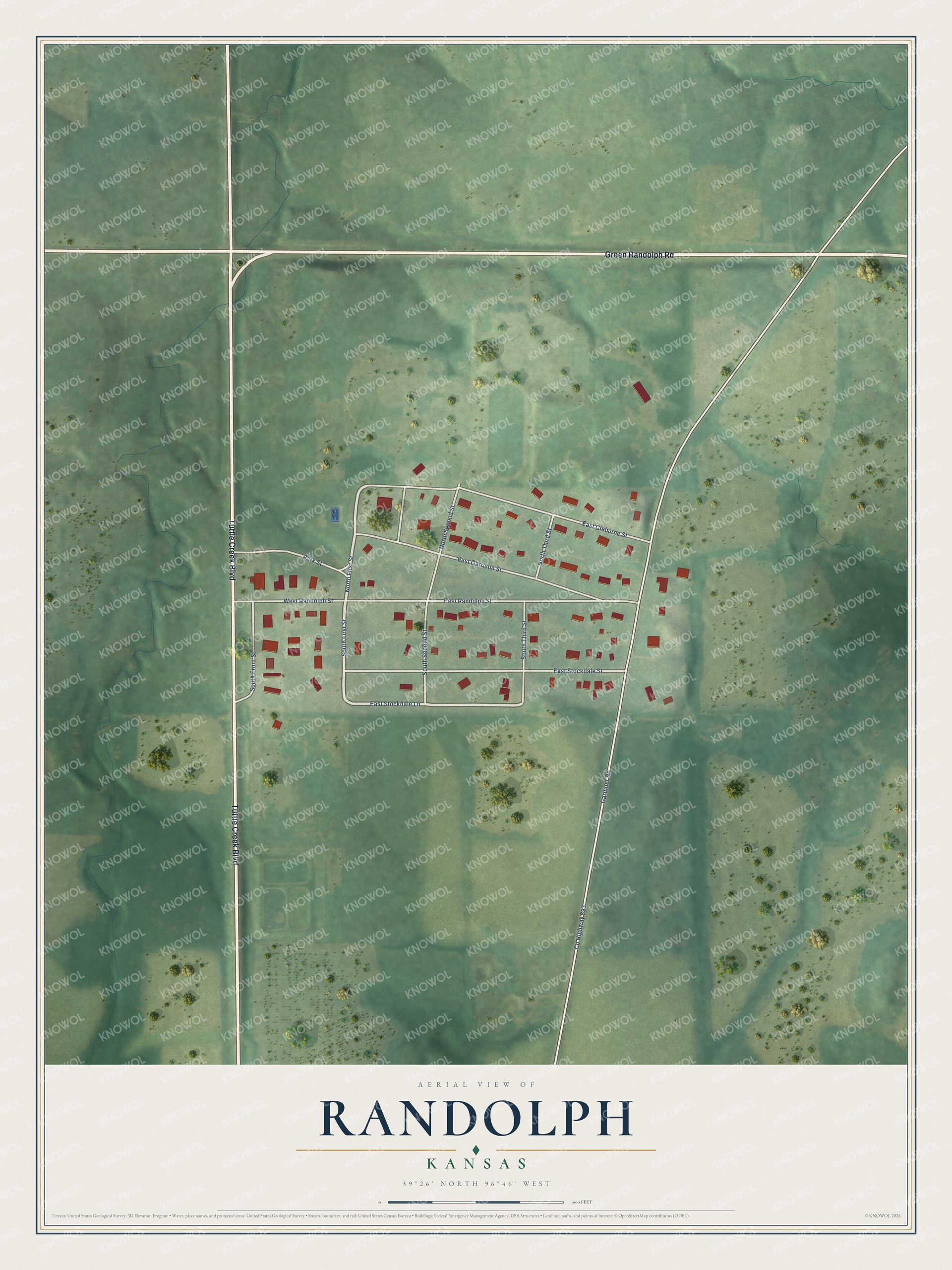 Full map of Randolph, Kansas, with red buildings, printed street names and the land around them