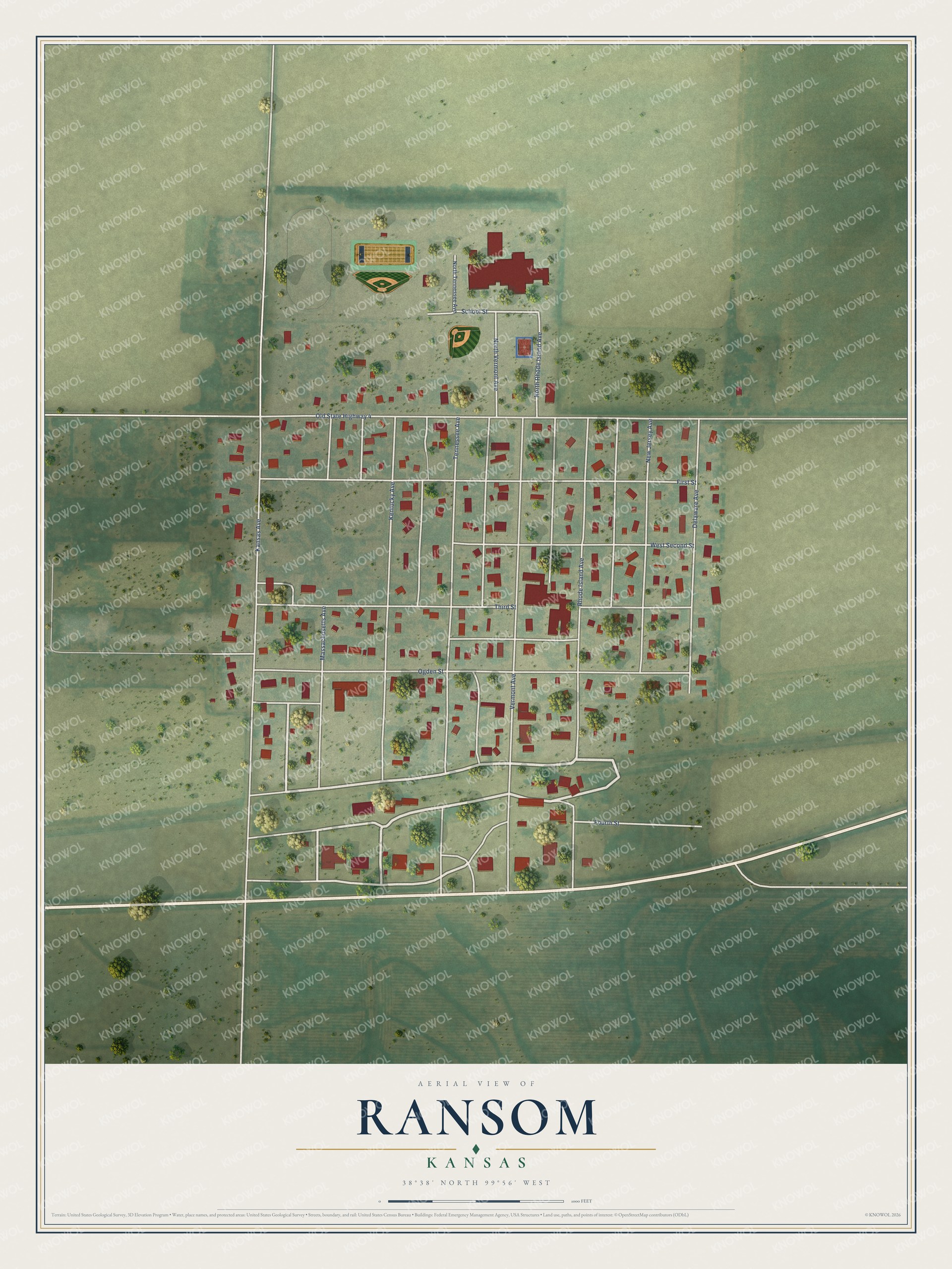 Full map of Ransom, Kansas, with red buildings, printed street names and the land around them