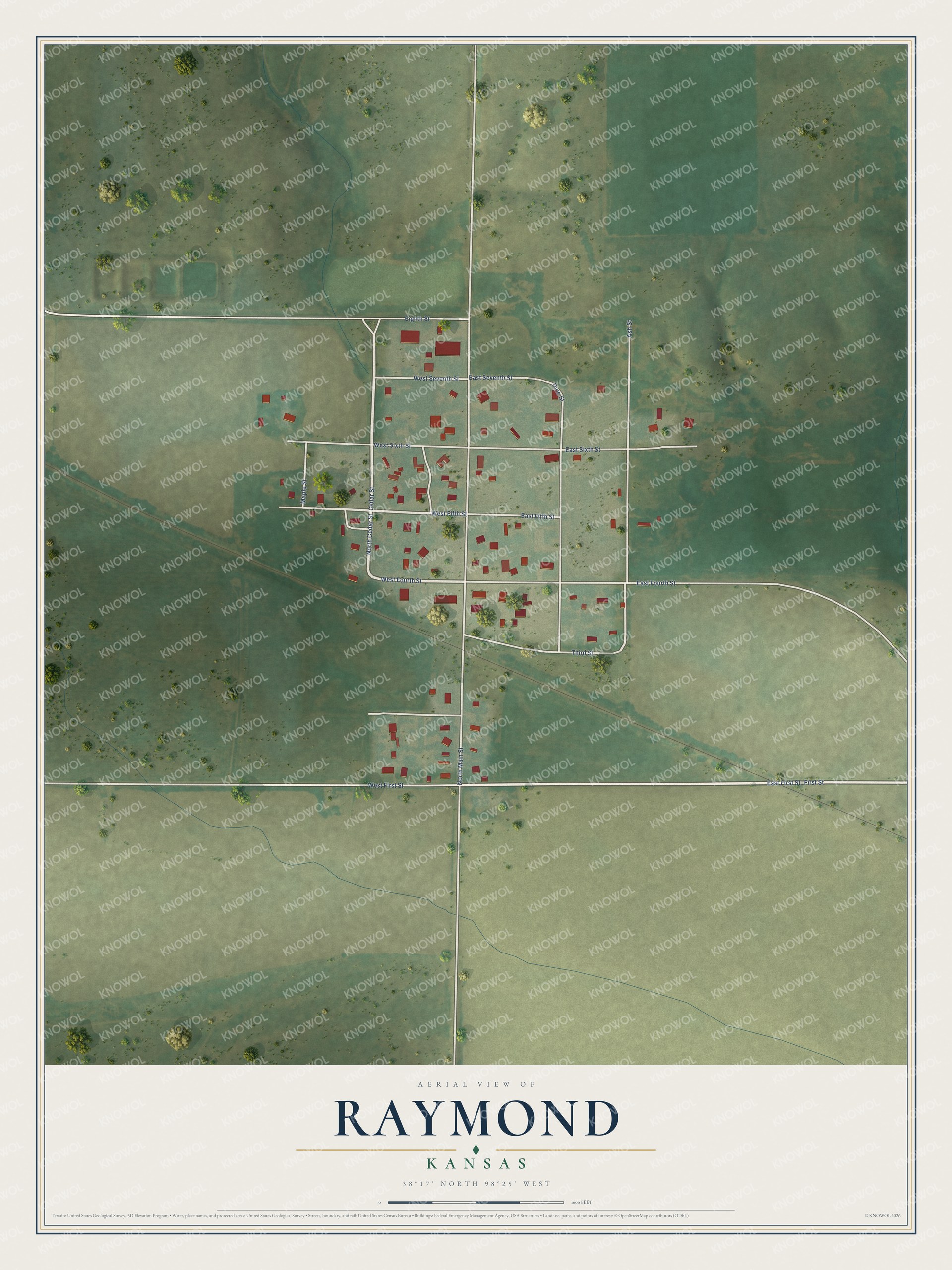 Full map of Raymond, Kansas, with red buildings, printed street names and the land around them