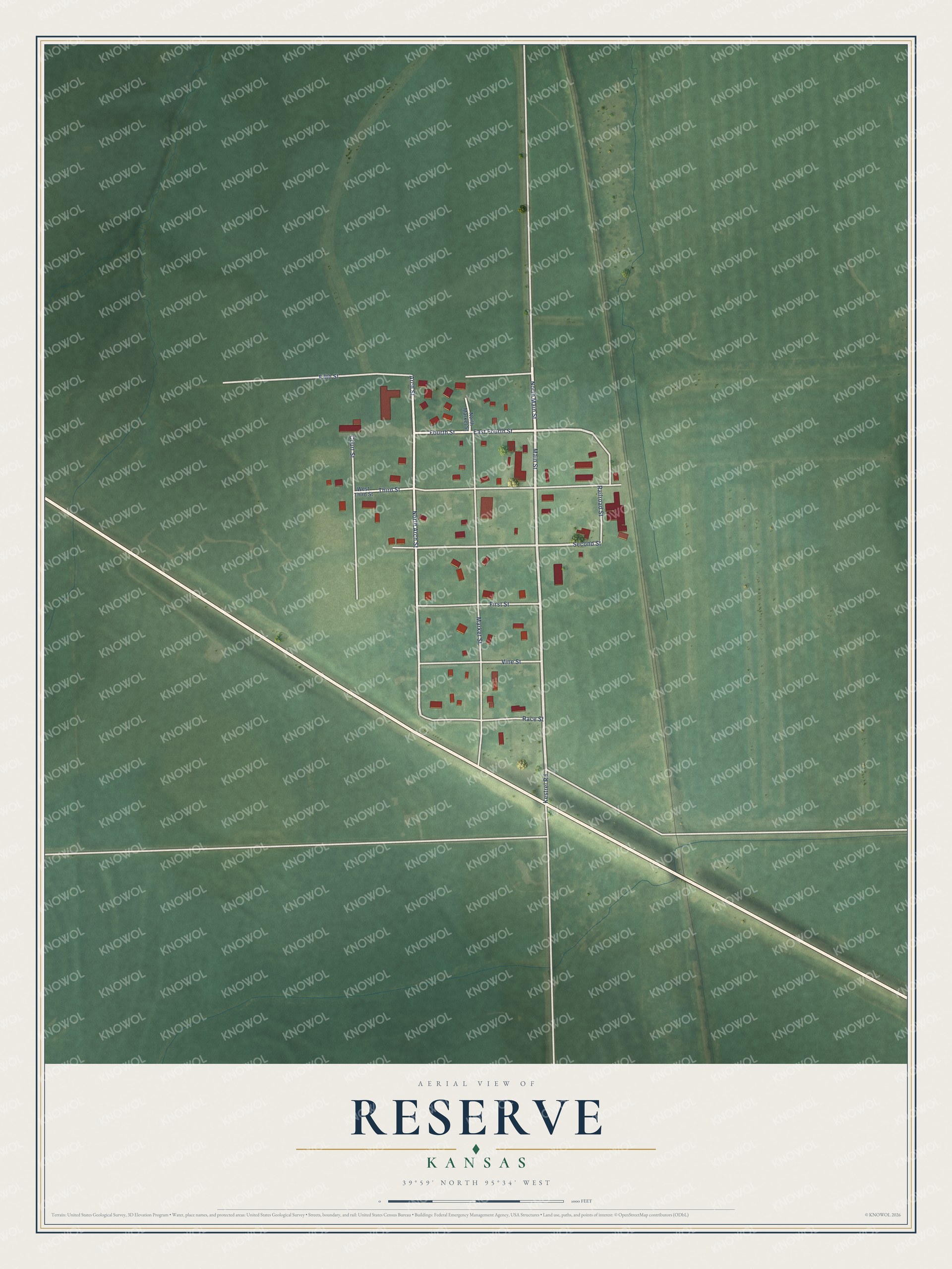 Full map of Reserve, Kansas, with red buildings, printed street names and the land around them