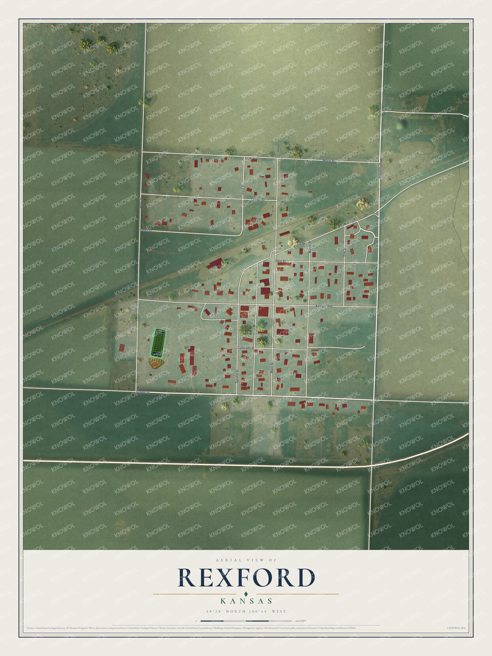 Full map of Rexford, Kansas, with red buildings, printed street names and the land around them