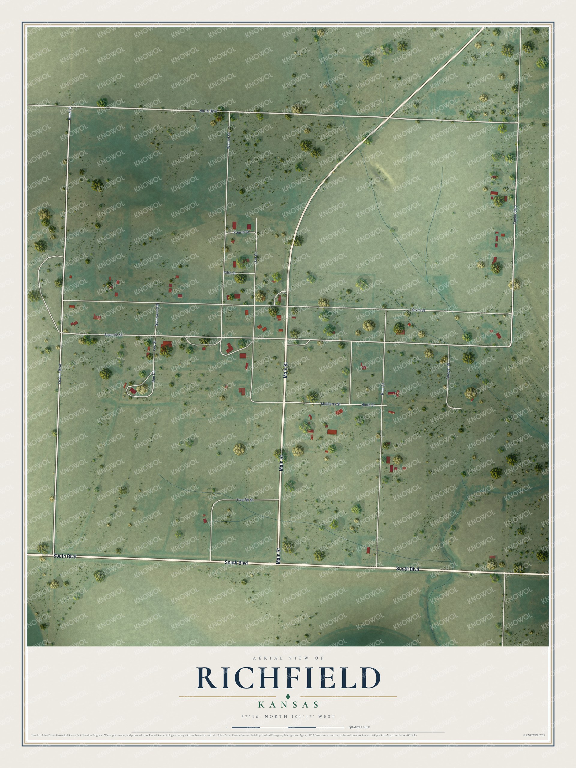 Full map of Richfield, Kansas, with red buildings, printed street names and the land around them
