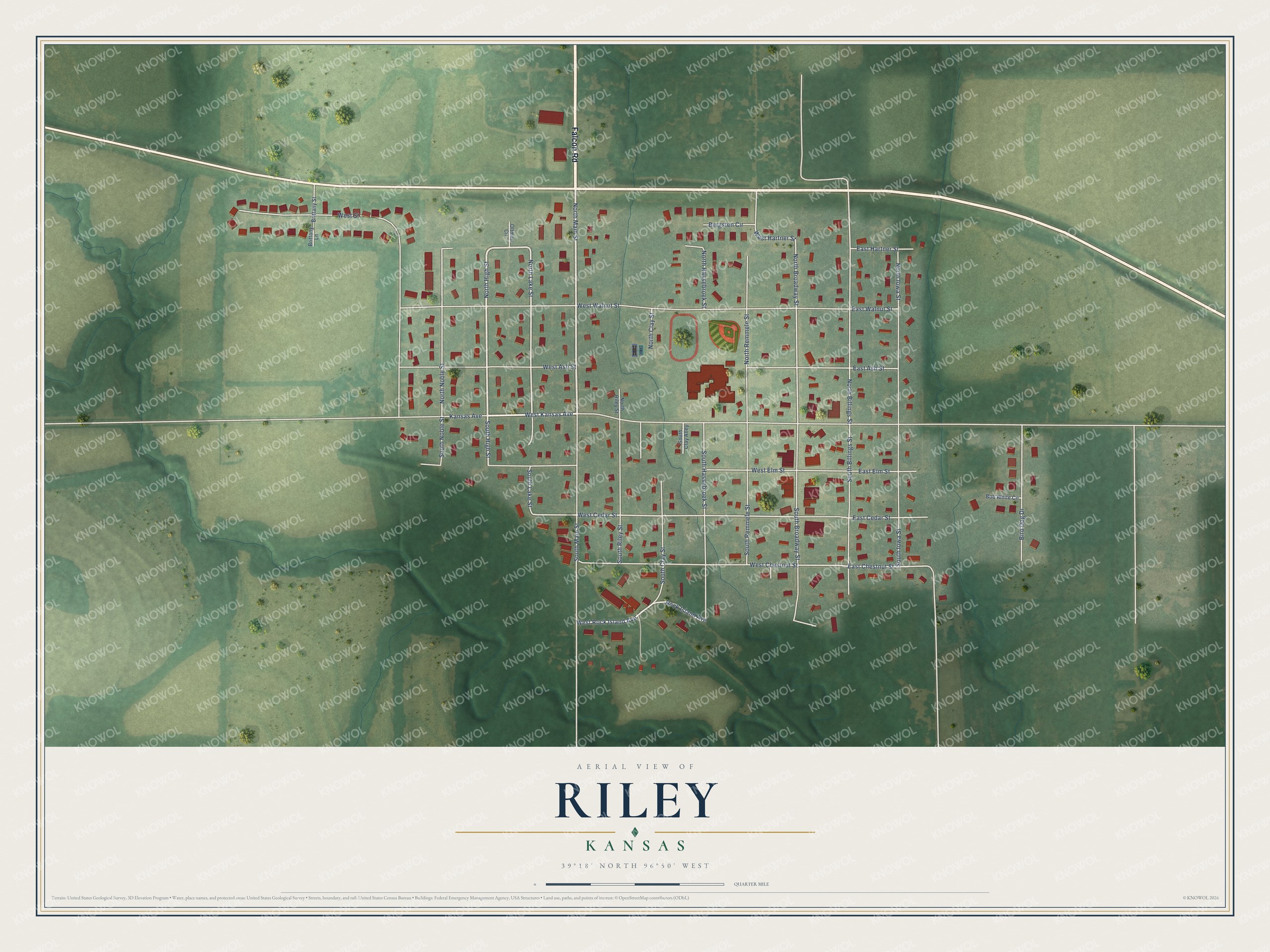 Full map of Riley, Kansas, with red buildings, printed street names and the land around them
