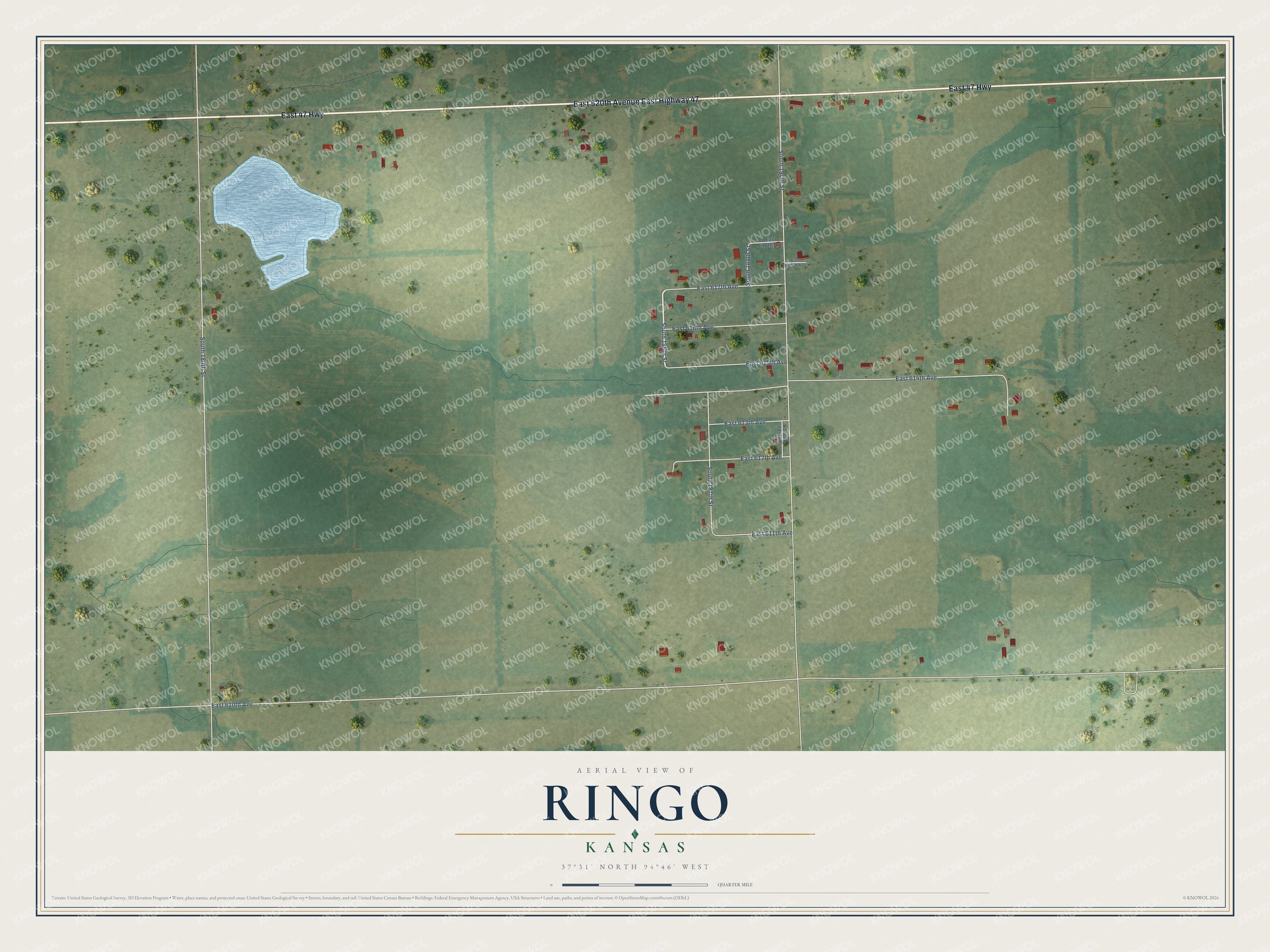 Full map of Ringo, Kansas, with red buildings, printed street names and the land around them