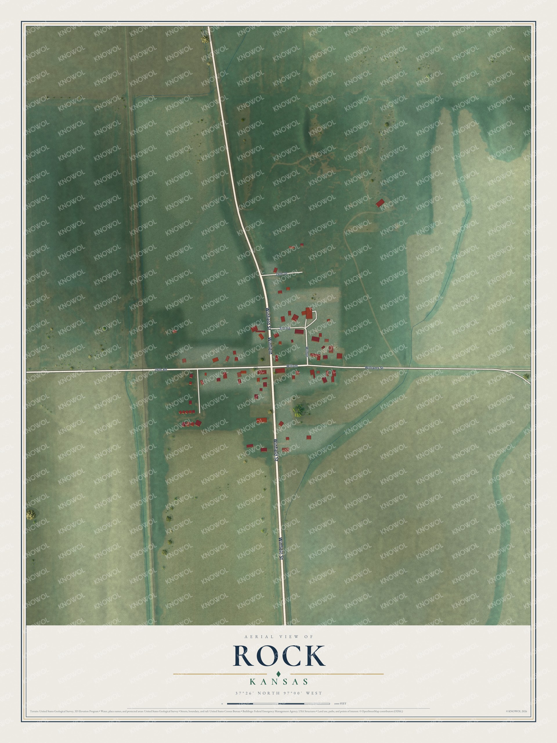 Full map of Rock, Kansas, with red buildings, printed street names and the land around them