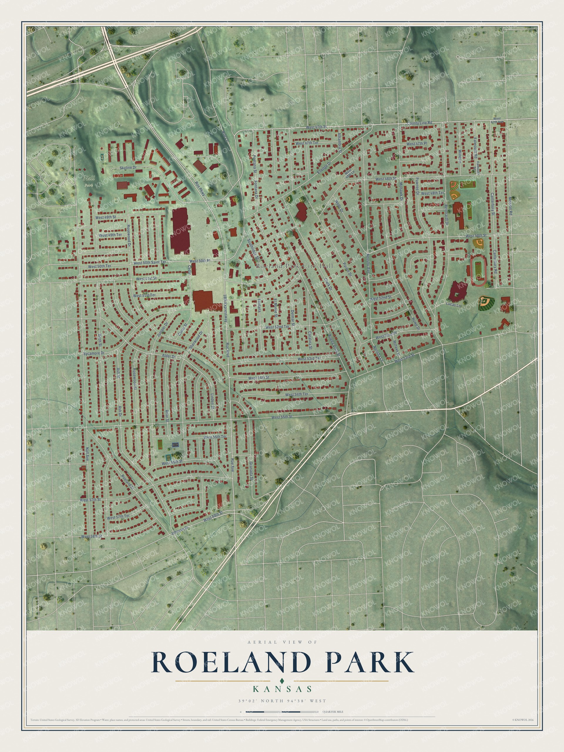 Full map of Roeland Park, Kansas, with red buildings, printed street names and the land around them