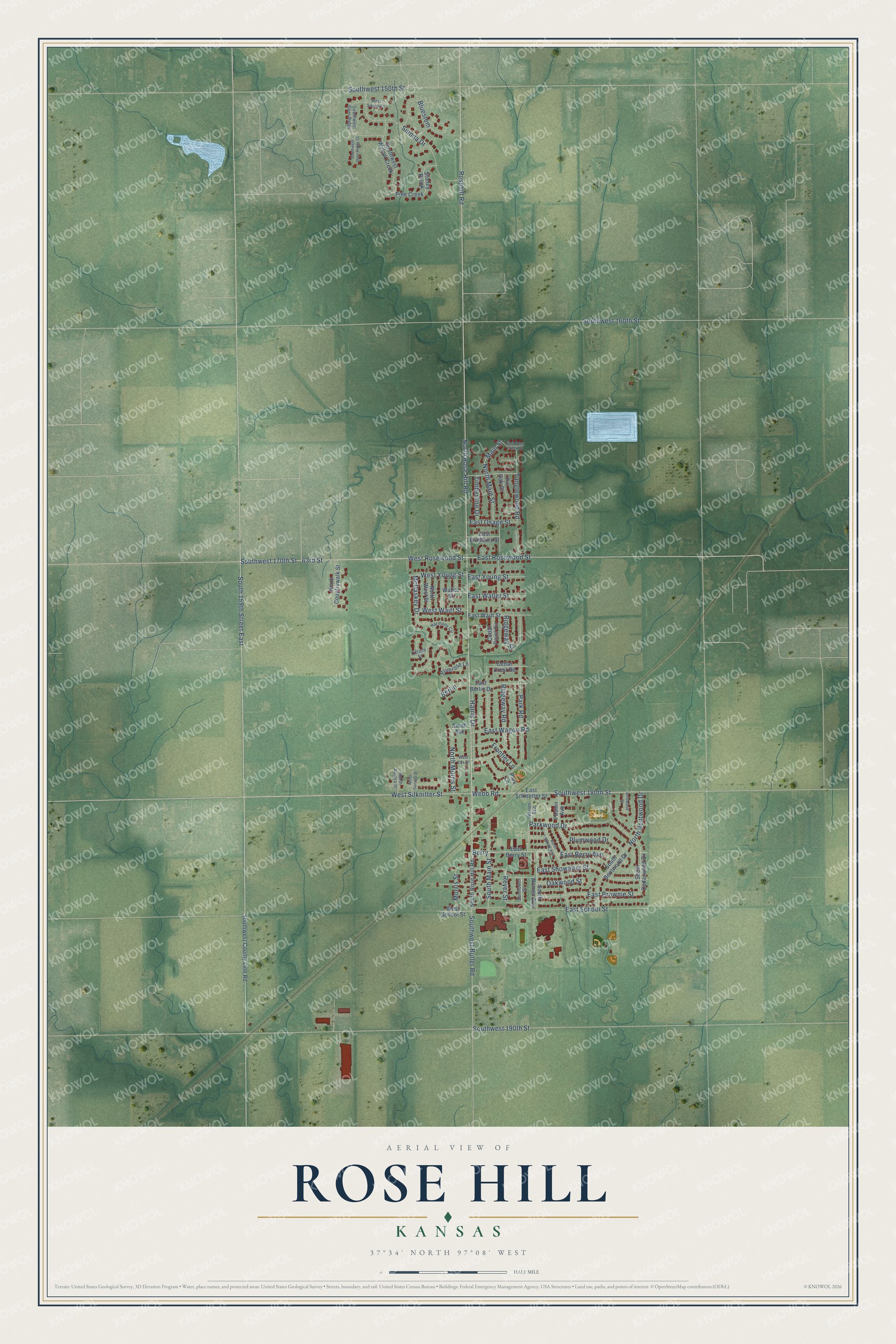 Full map of Rose Hill, Kansas, with red buildings, printed street names and the land around them