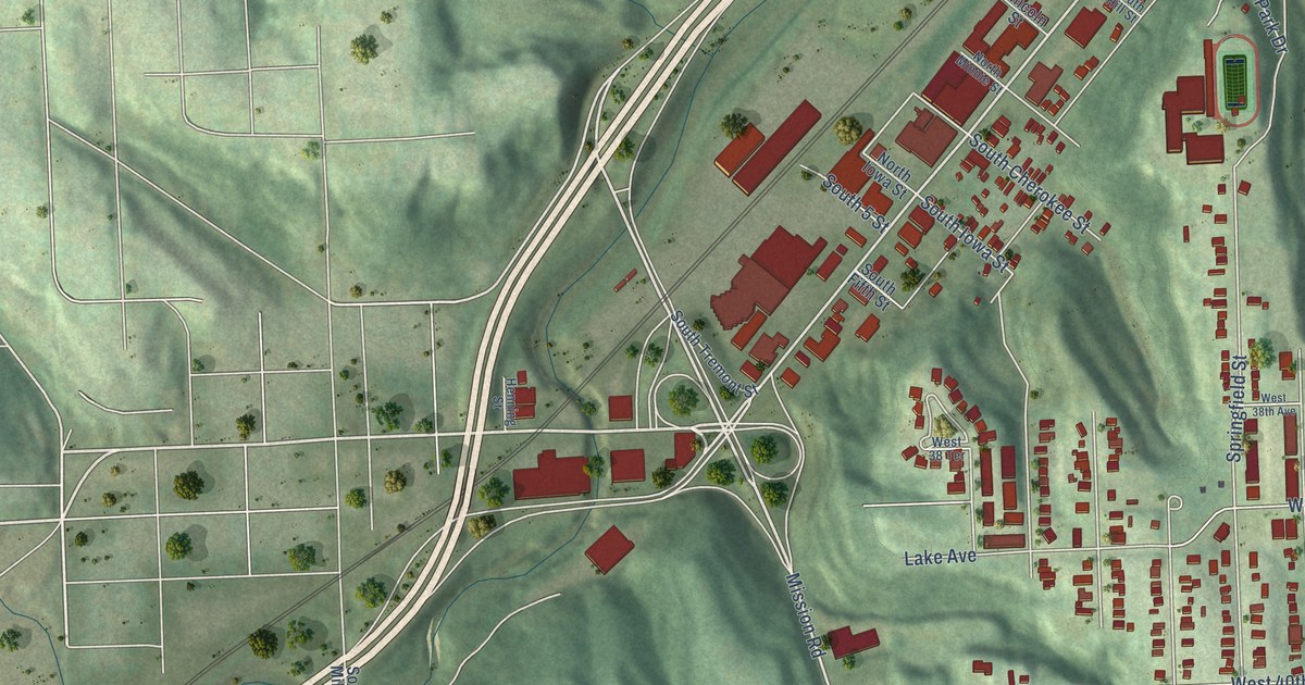 Close-up of streets and buildings in Rosedale, Kansas