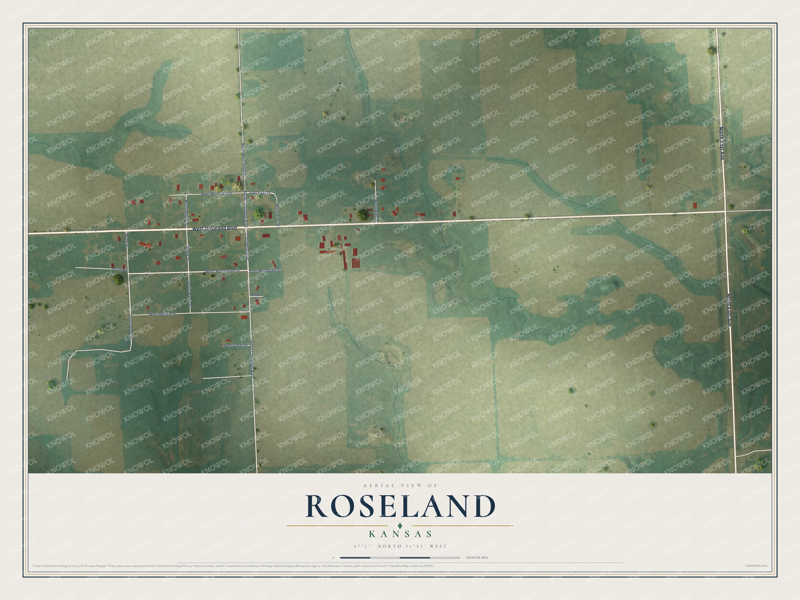 Full map of Roseland, Kansas, with red buildings, printed street names and the land around them